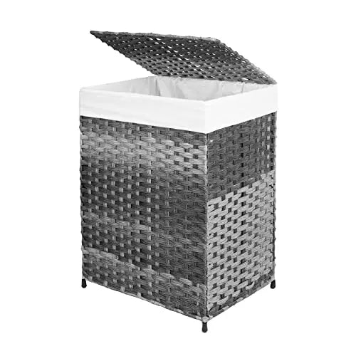 Cesto de Lavandería con Bolsa Dividida de 2 Secciones y Tapa de Ratán Sintético, Canasta Plegable para Ropa Sucia de 90L de Capacidad MU:4LIFE