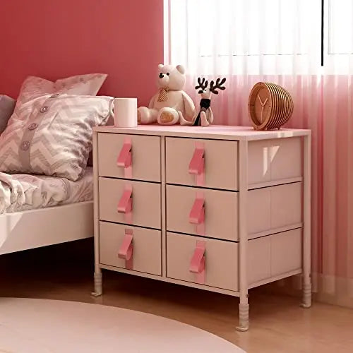 Cómoda de 6 cajones para niños, almacenamiento de ropa y juguetes, organizador cajonera de estructura metal y cajones de tela lino poliéster y tela no tejida MU:4LIFE