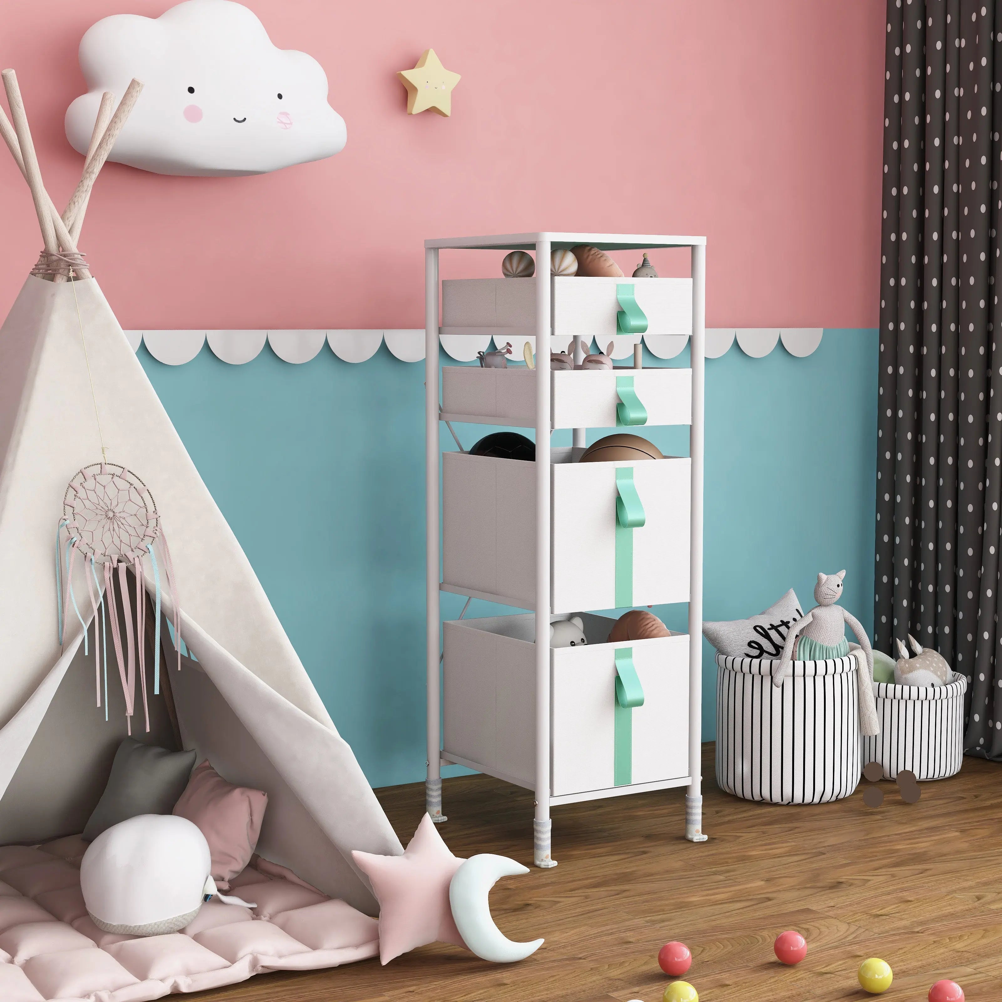 Cómoda vertical organizador de 4 cajones para juguetes de niños, almacenamiento de ropa, juguetes, estructura metal y cajones de tela lino poliéster y tela no tejida MU:4LIFE