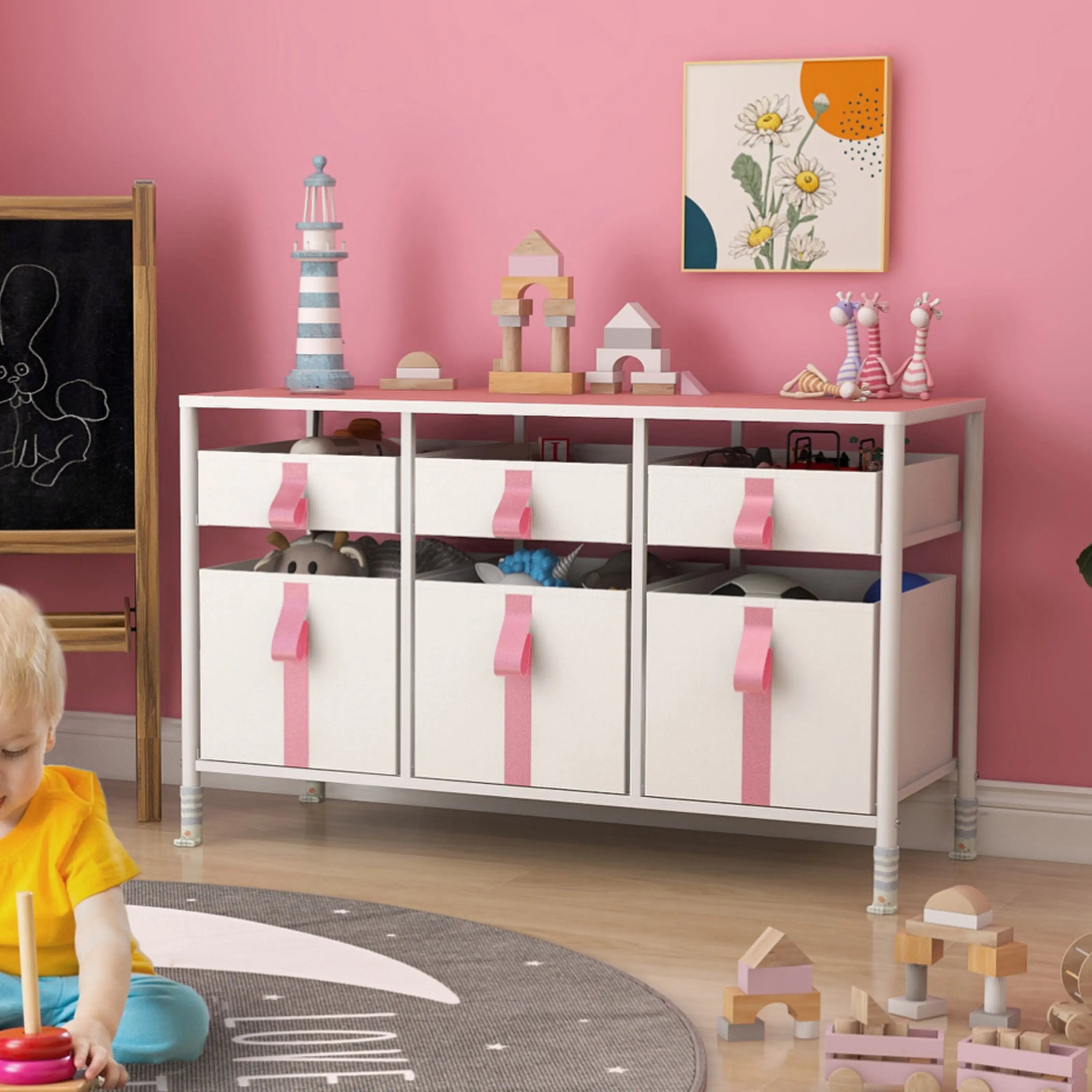 Cómoda organizador de 6 cajones para juguetes de niños, almacenamiento de ropa, juguetes, estructura metal y cajones de tela lino poliéster y tela no tejida MU:4LIFE