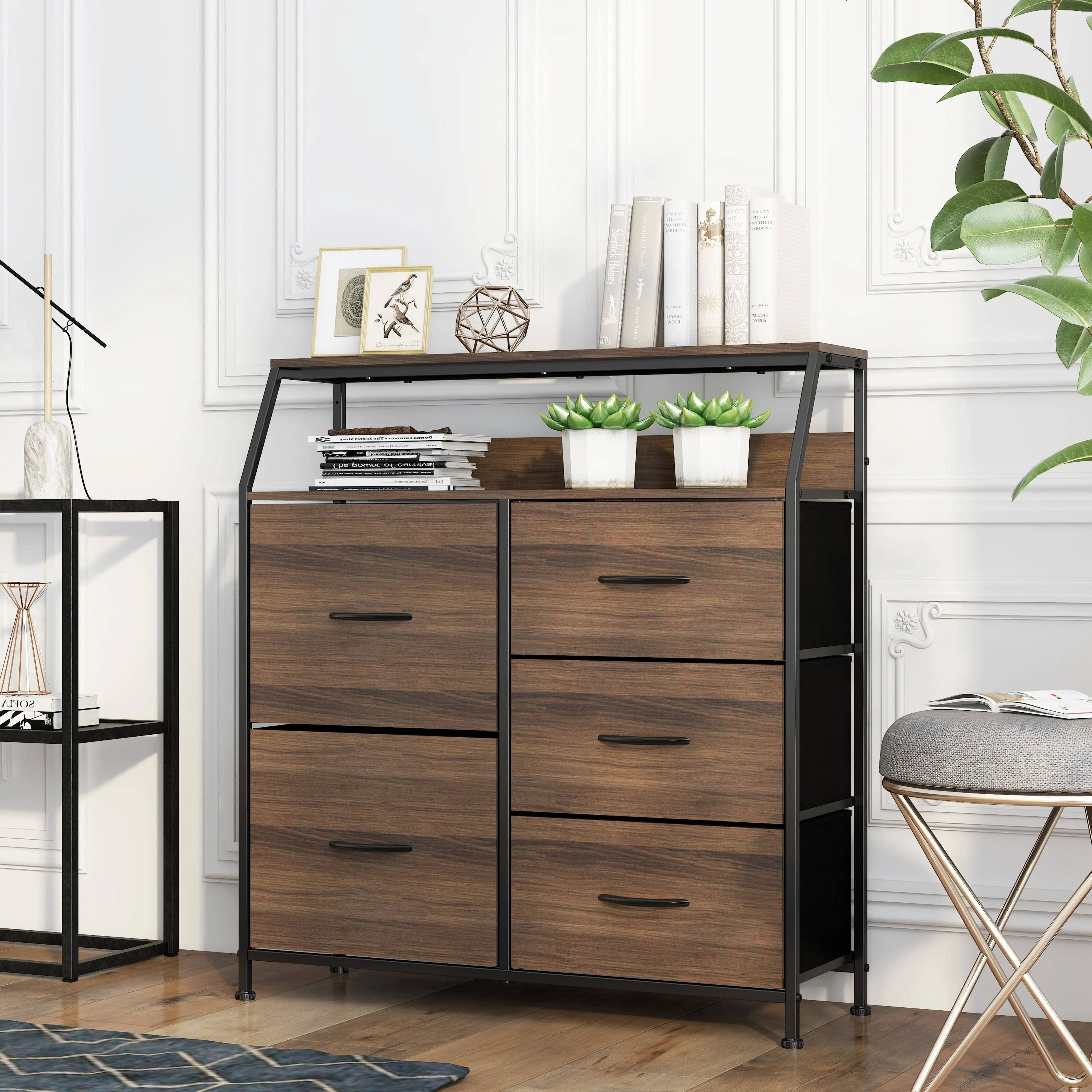 Cómoda de 5 cajones con balda almacenamiento para hogar y oficina, organizador cajonera de estructura metal y cajones de tela no tejida y tabla MDF MU:4LIFE
