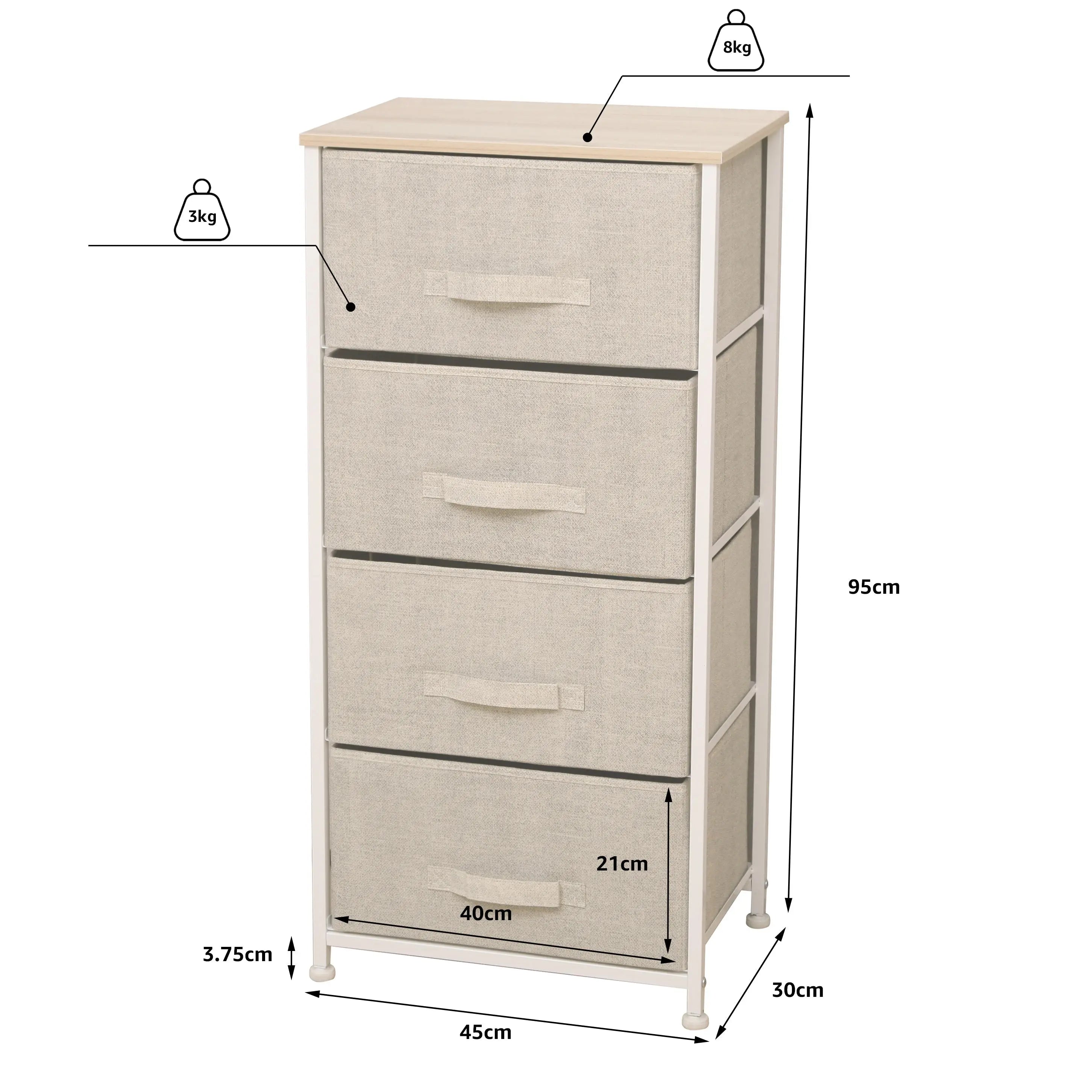 Cómoda de 4 cajones almacenamiento para hogar y oficina, organizador cajonera de estructura metal y cajones tela no tejida MU:4LIFE