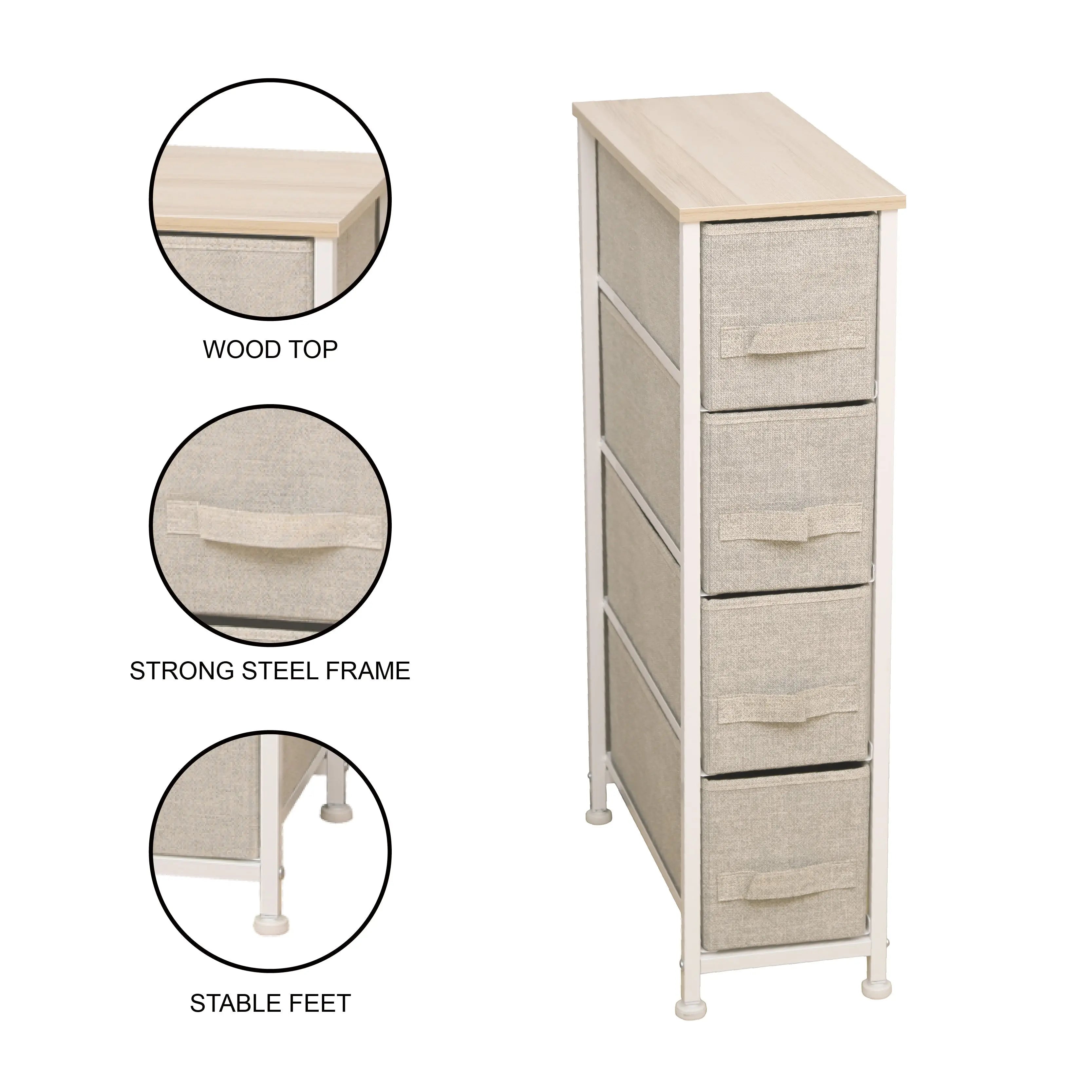 Cómoda estrecha de 4 cajones almacenamiento para hogar y oficina, organizador cajonera de estructura metal y cajones tela no tejida MU:4LIFE