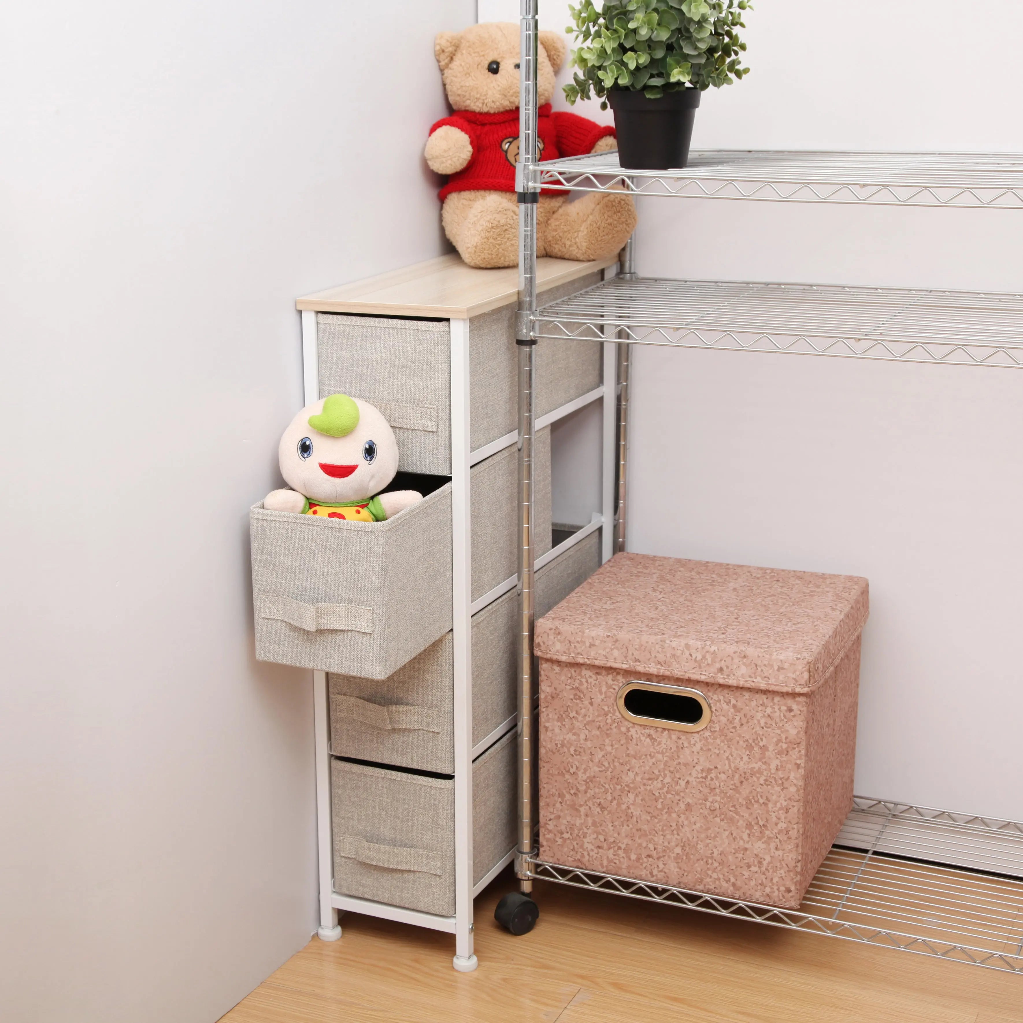 Cómoda estrecha de 4 cajones almacenamiento para hogar y oficina, organizador cajonera de estructura metal y cajones tela no tejida MU:4LIFE