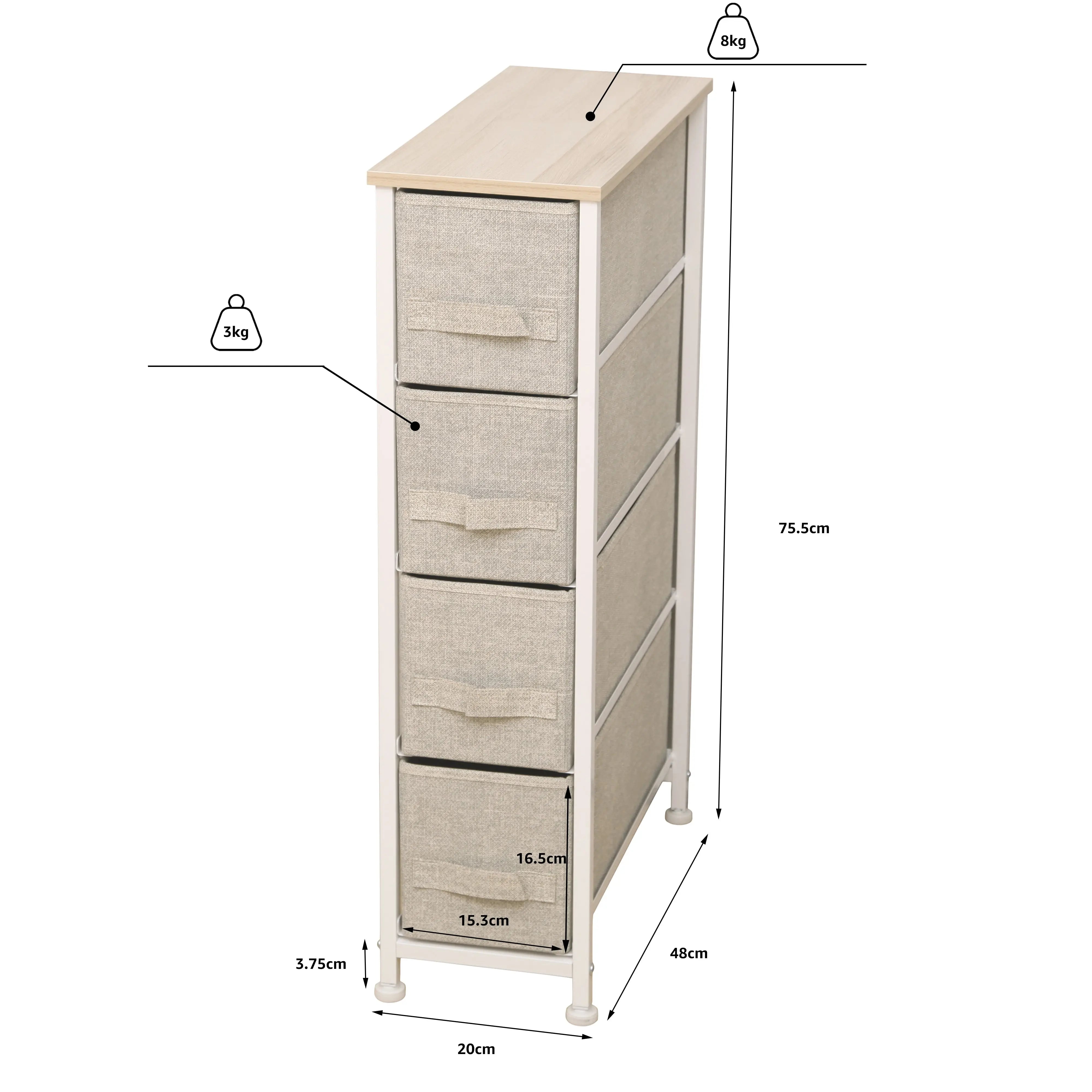 Cómoda estrecha de 4 cajones almacenamiento para hogar y oficina, organizador cajonera de estructura metal y cajones tela no tejida MU:4LIFE