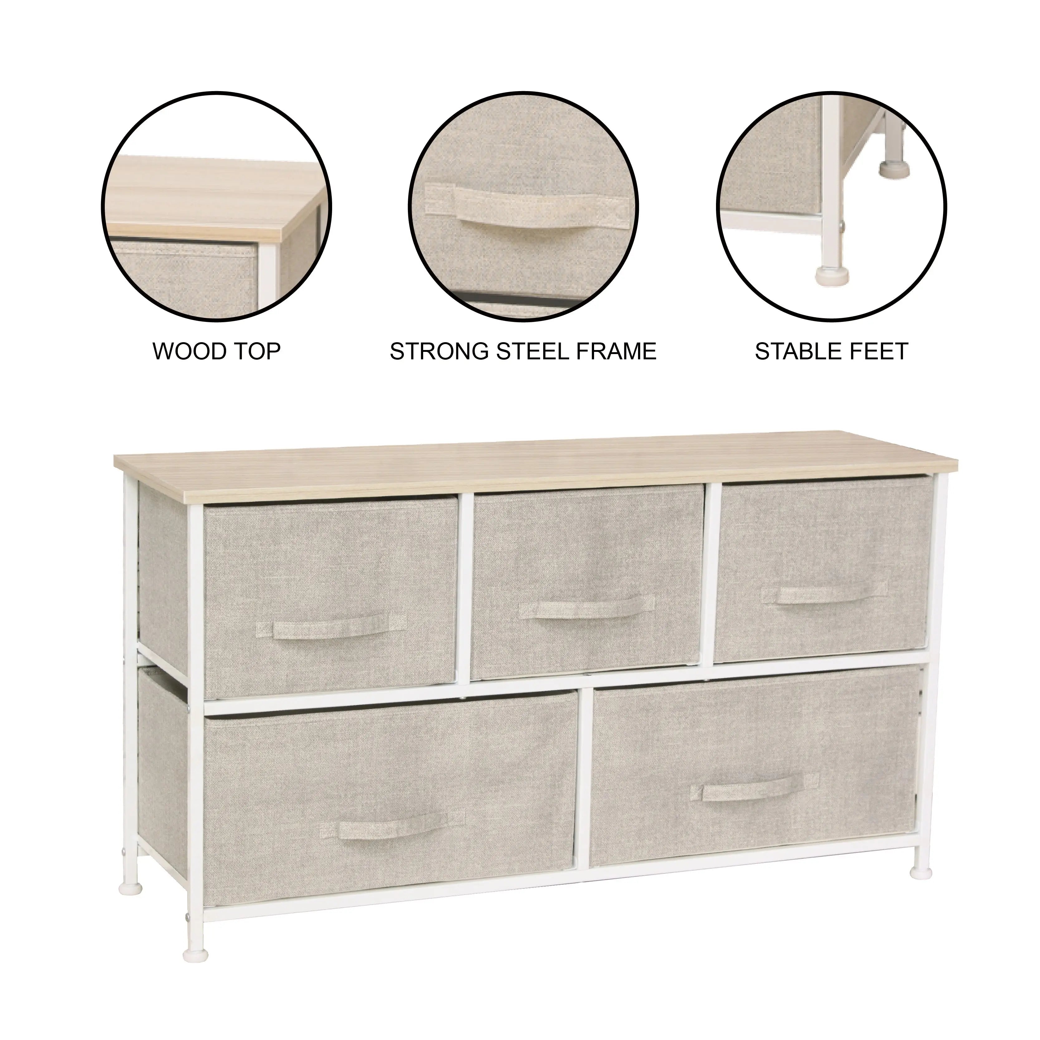 Cómoda baja de 5 cajones almacenamiento para hogar y oficina, organizador cajonera de estructura metal y cajones de tela no tejida MU:4LIFE