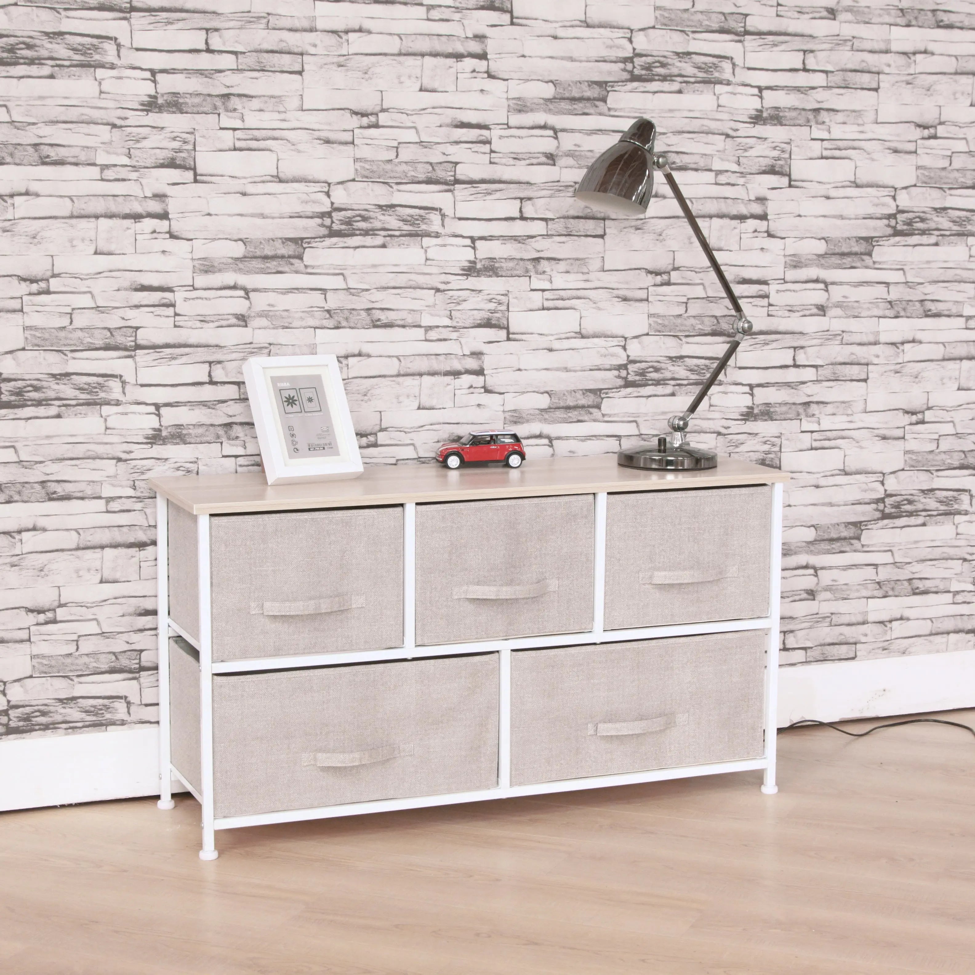 Cómoda baja de 5 cajones almacenamiento para hogar y oficina, organizador cajonera de estructura metal y cajones de tela no tejida MU:4LIFE