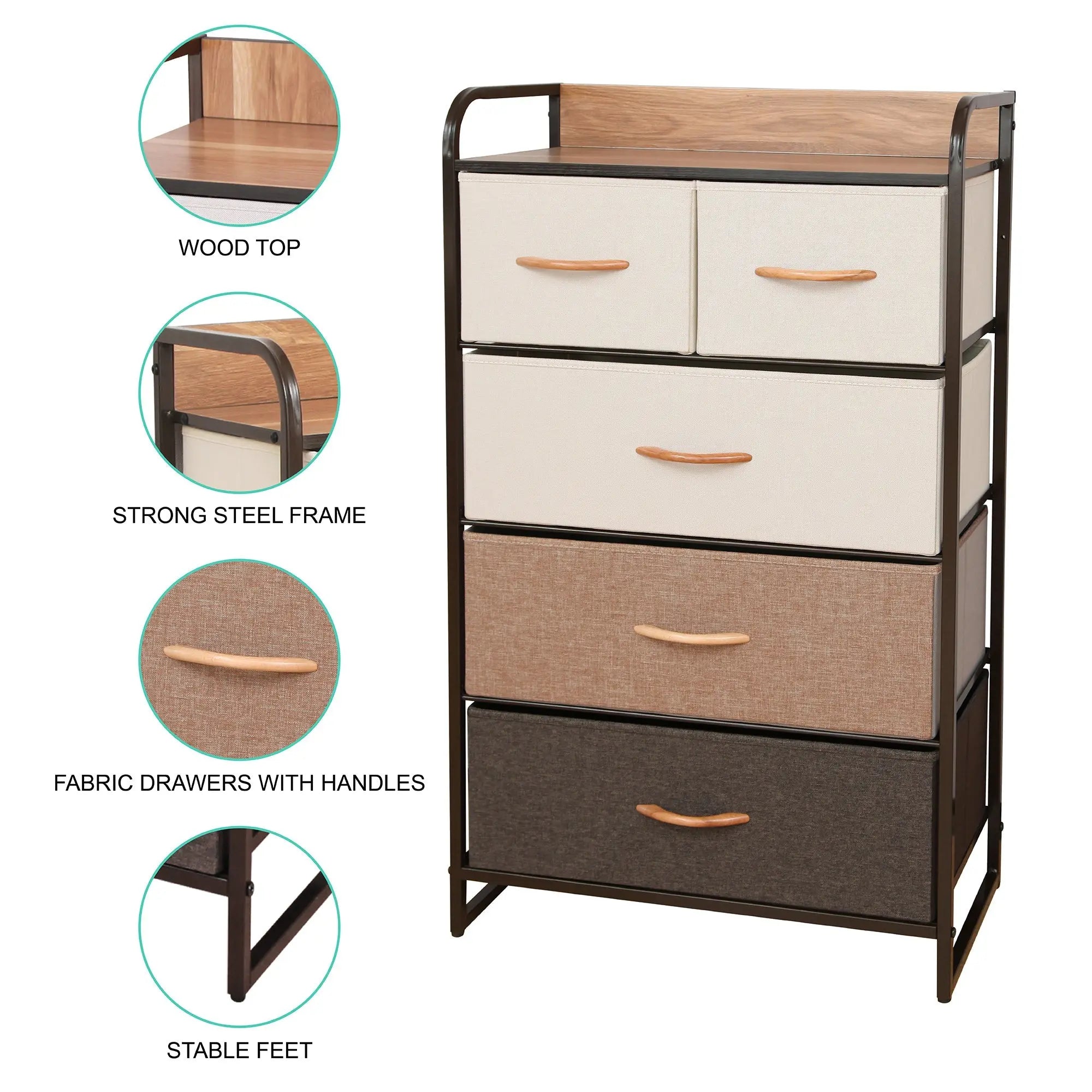 Cómoda de 5 cajones almacenamiento para hogar y oficina, organizador cajonera de estructura metal y cajones de tela lino poliéster y tela No Tejida MU:4LIFE