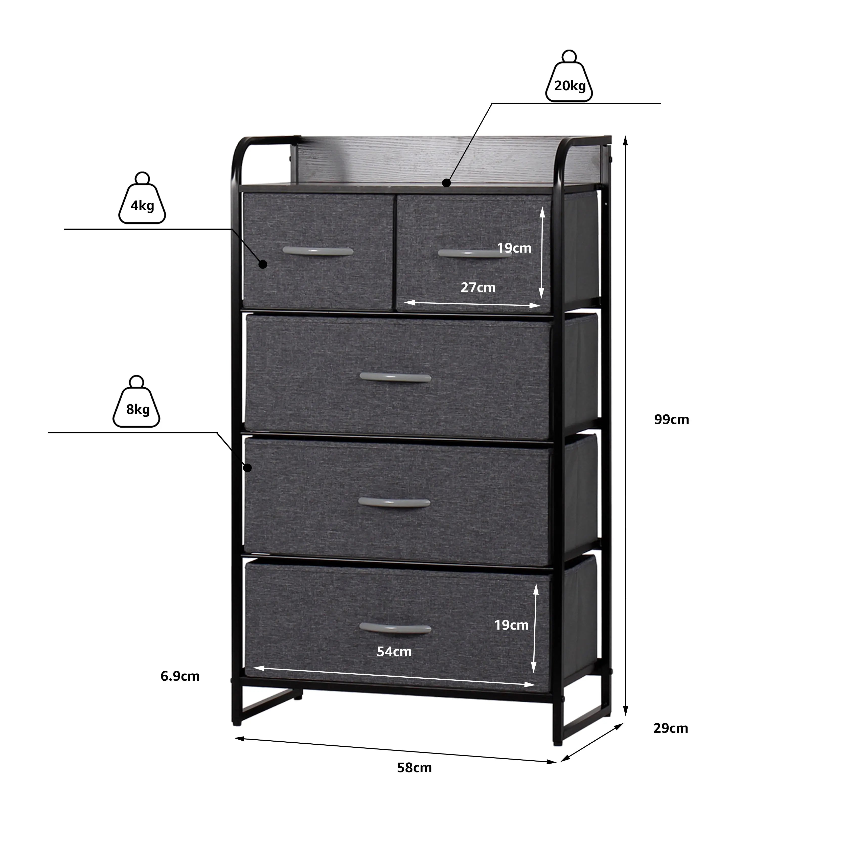 Cómoda de 5 cajones almacenamiento para hogar y oficina, organizador cajonera de estructura metal y cajones de tela lino poliéster y tela No Tejida MU:4LIFE