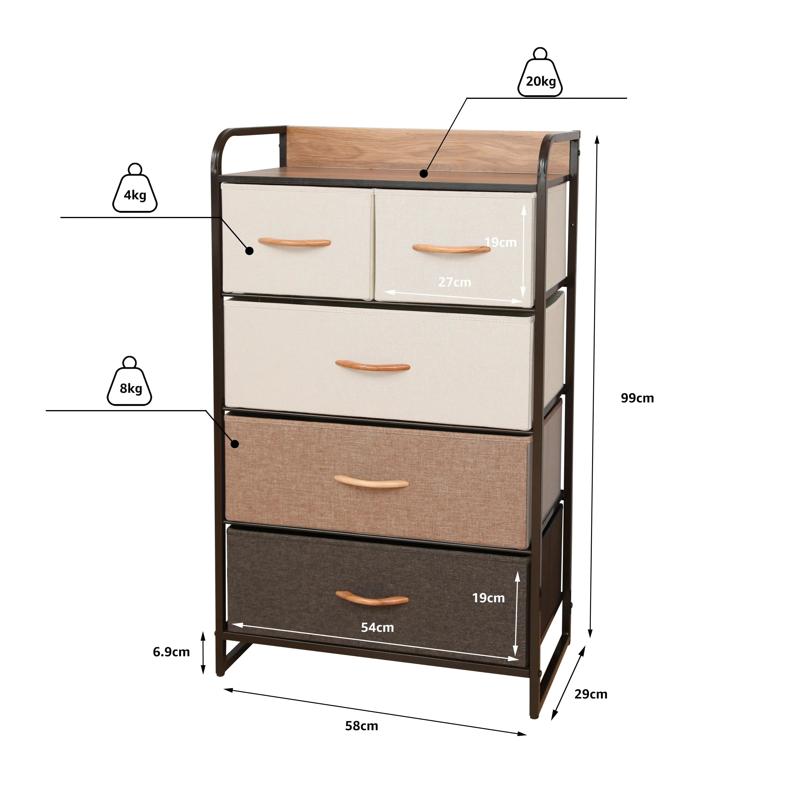 Cómoda de 5 cajones almacenamiento para hogar y oficina, organizador cajonera de estructura metal y cajones de tela lino poliéster y tela No Tejida MU:4LIFE