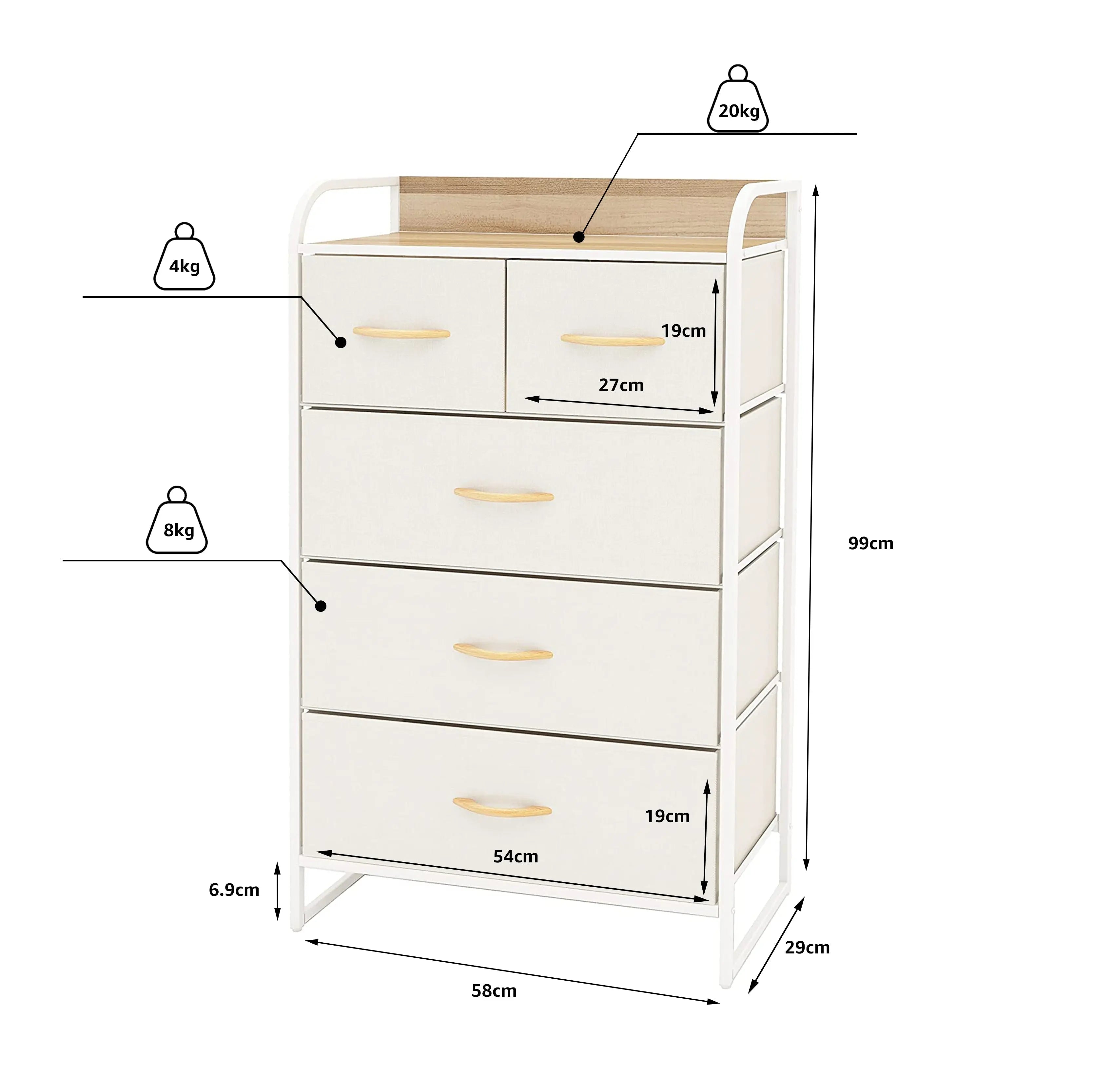 Cómoda de 5 cajones almacenamiento para hogar y oficina, organizador cajonera de estructura metal y cajones de tela lino poliéster y tela No Tejida MU:4LIFE