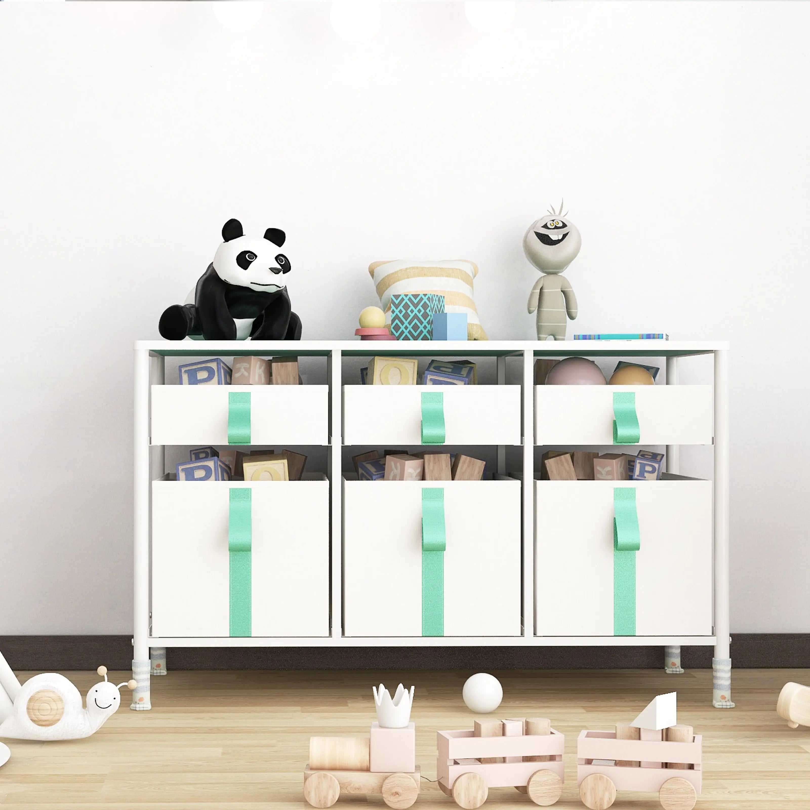 Cómoda organizador de 6 cajones para juguetes de niños, almacenamiento de ropa, juguetes, estructura metal y cajones de tela lino poliéster y tela no tejida MU:4LIFE