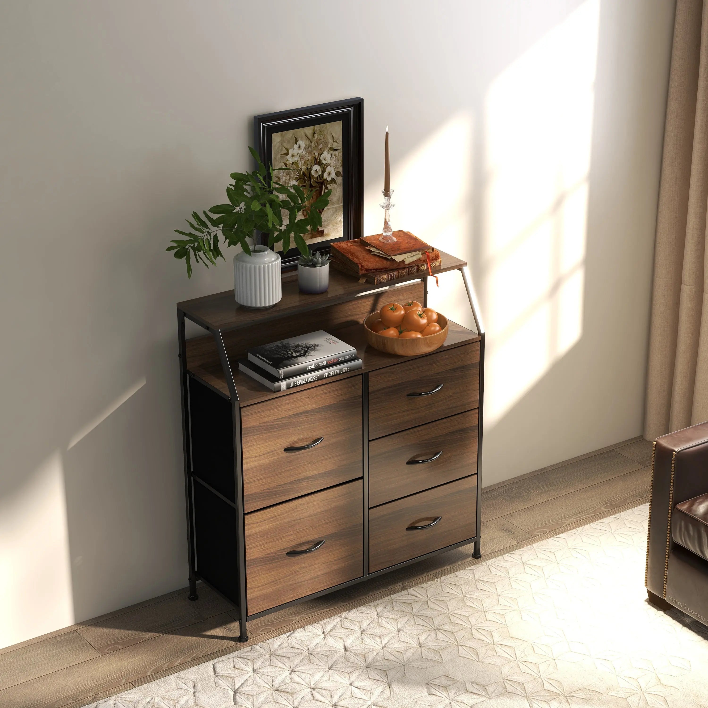 Cómoda de 5 cajones con balda almacenamiento para hogar y oficina, organizador cajonera de estructura metal y cajones de tela no tejida y tabla MDF MU:4LIFE