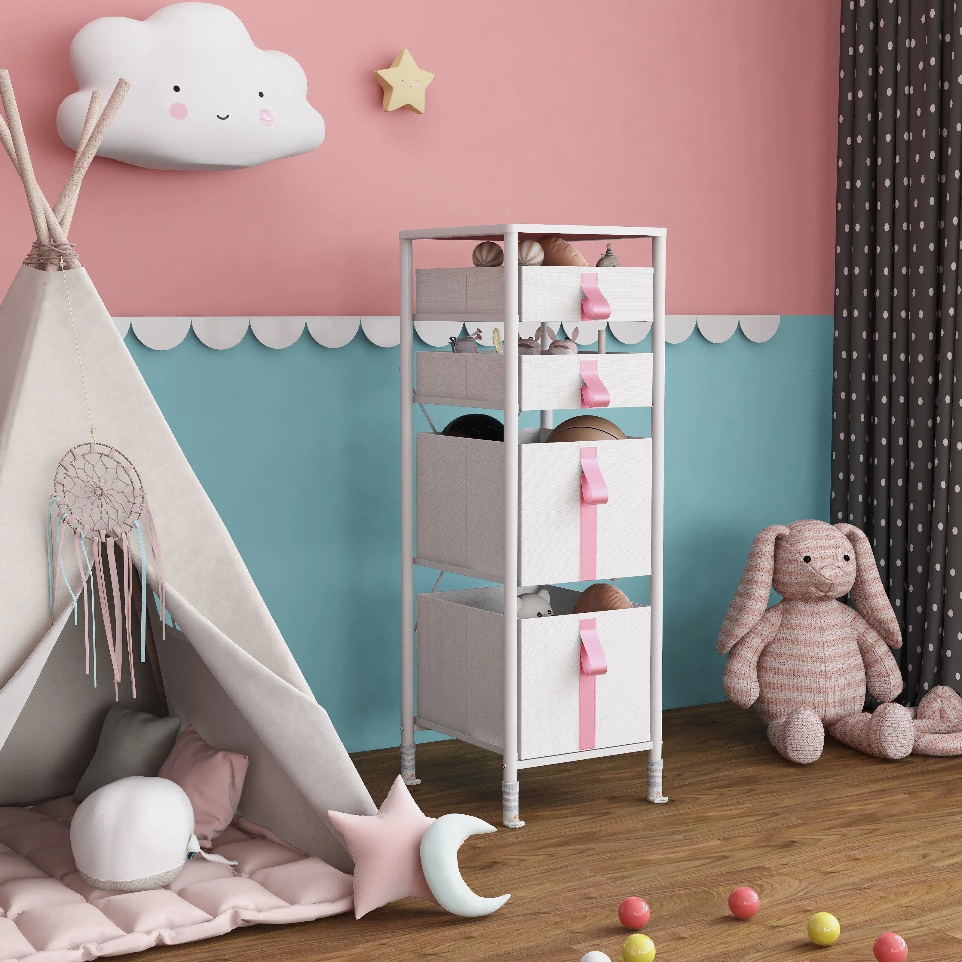 Cómoda vertical organizador de 4 cajones para juguetes de niños, almacenamiento de ropa, juguetes, estructura metal y cajones de tela lino poliéster y tela no tejida MU:4LIFE