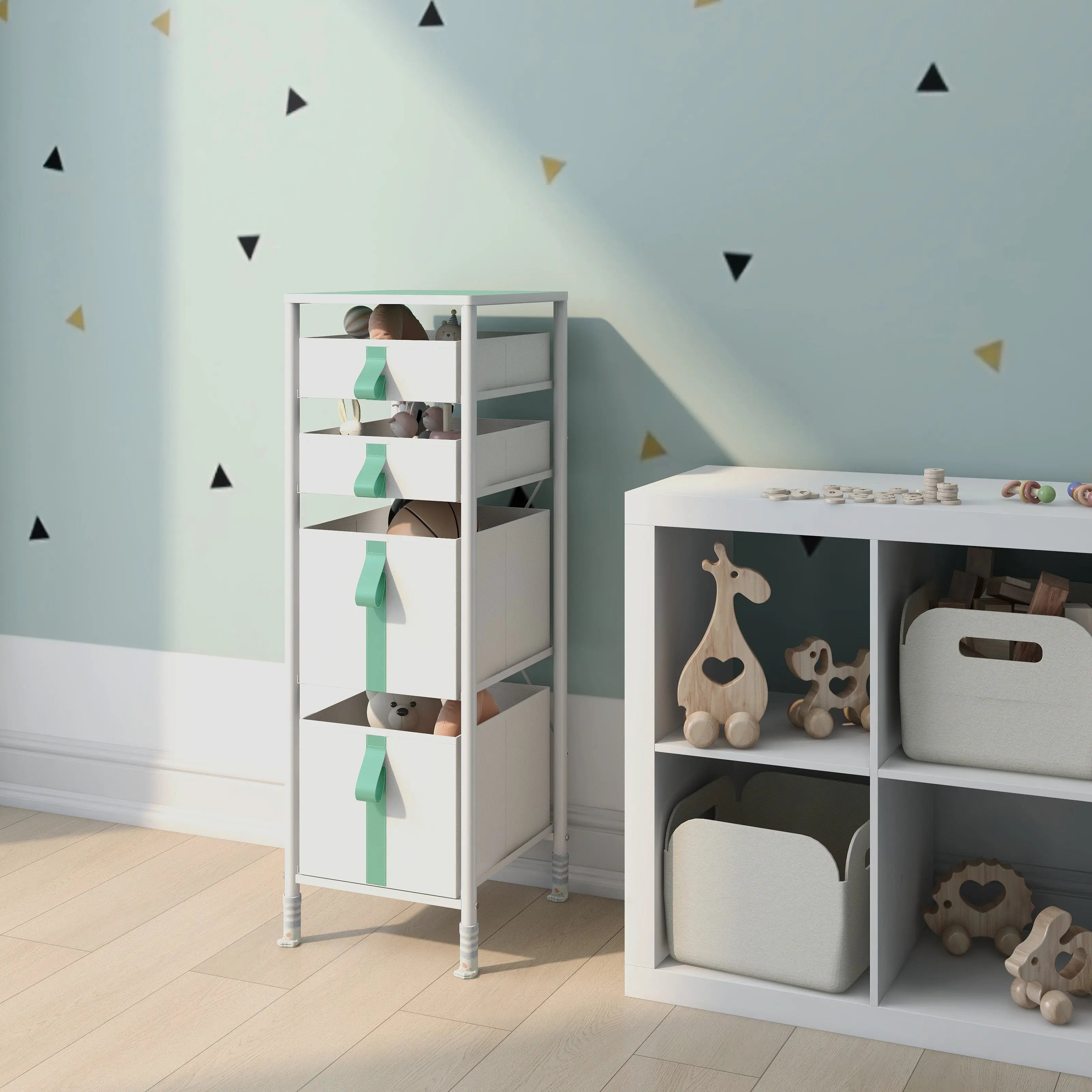 Cómoda vertical organizador de 4 cajones para juguetes de niños, almacenamiento de ropa, juguetes, estructura metal y cajones de tela lino poliéster y tela no tejida MU:4LIFE