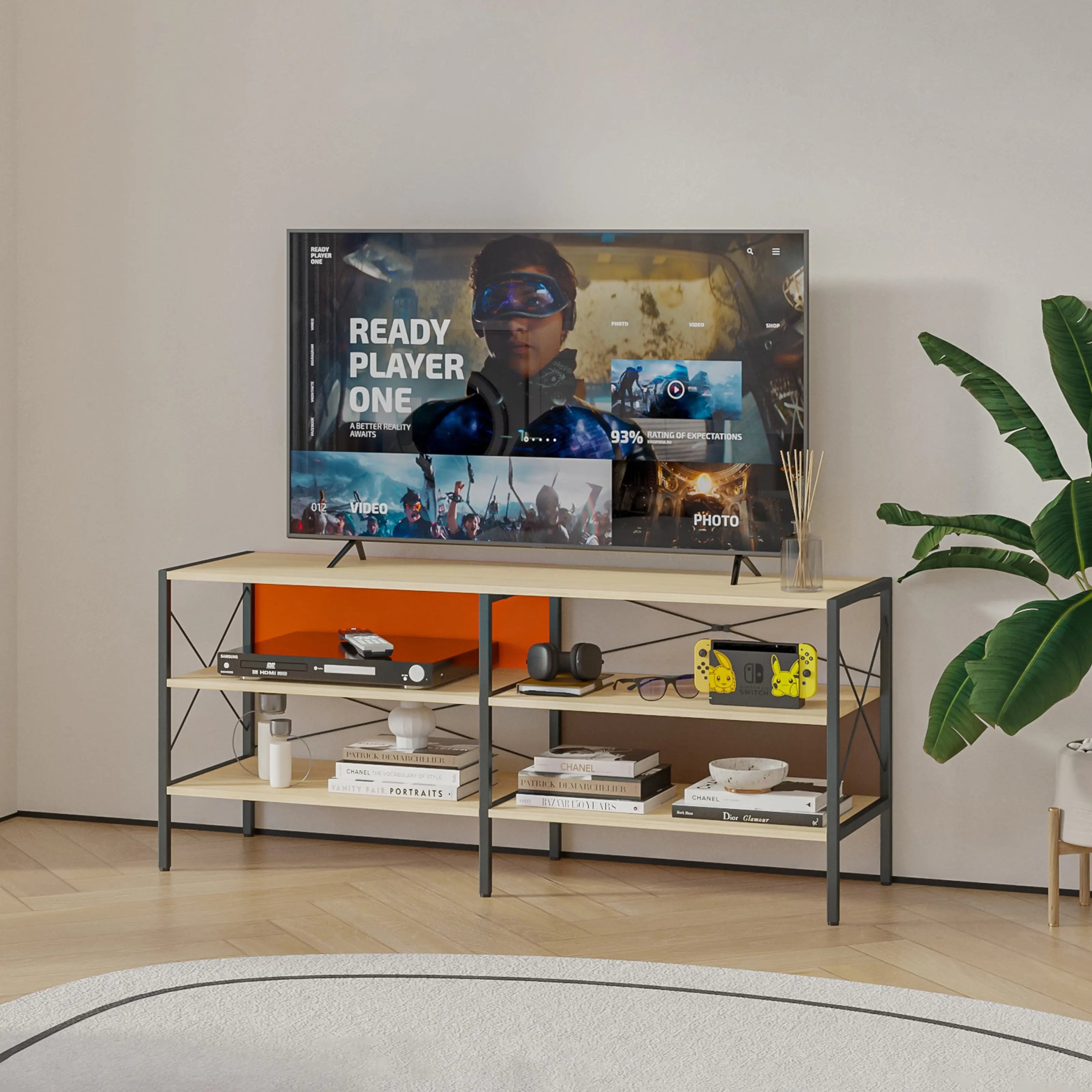 Estantería ancha metálico de madera y metal, Centro de entretenimiento para TV MU:4LIFE