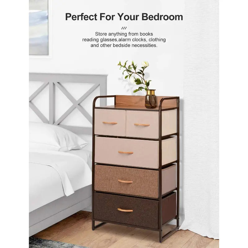 Cómoda de 5 cajones almacenamiento para hogar y oficina, organizador cajonera de estructura metal y cajones de tela lino poliéster y tela No Tejida MU:4LIFE