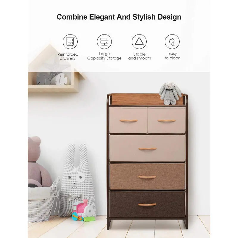 Cómoda de 5 cajones almacenamiento para hogar y oficina, organizador cajonera de estructura metal y cajones de tela lino poliéster y tela No Tejida MU:4LIFE