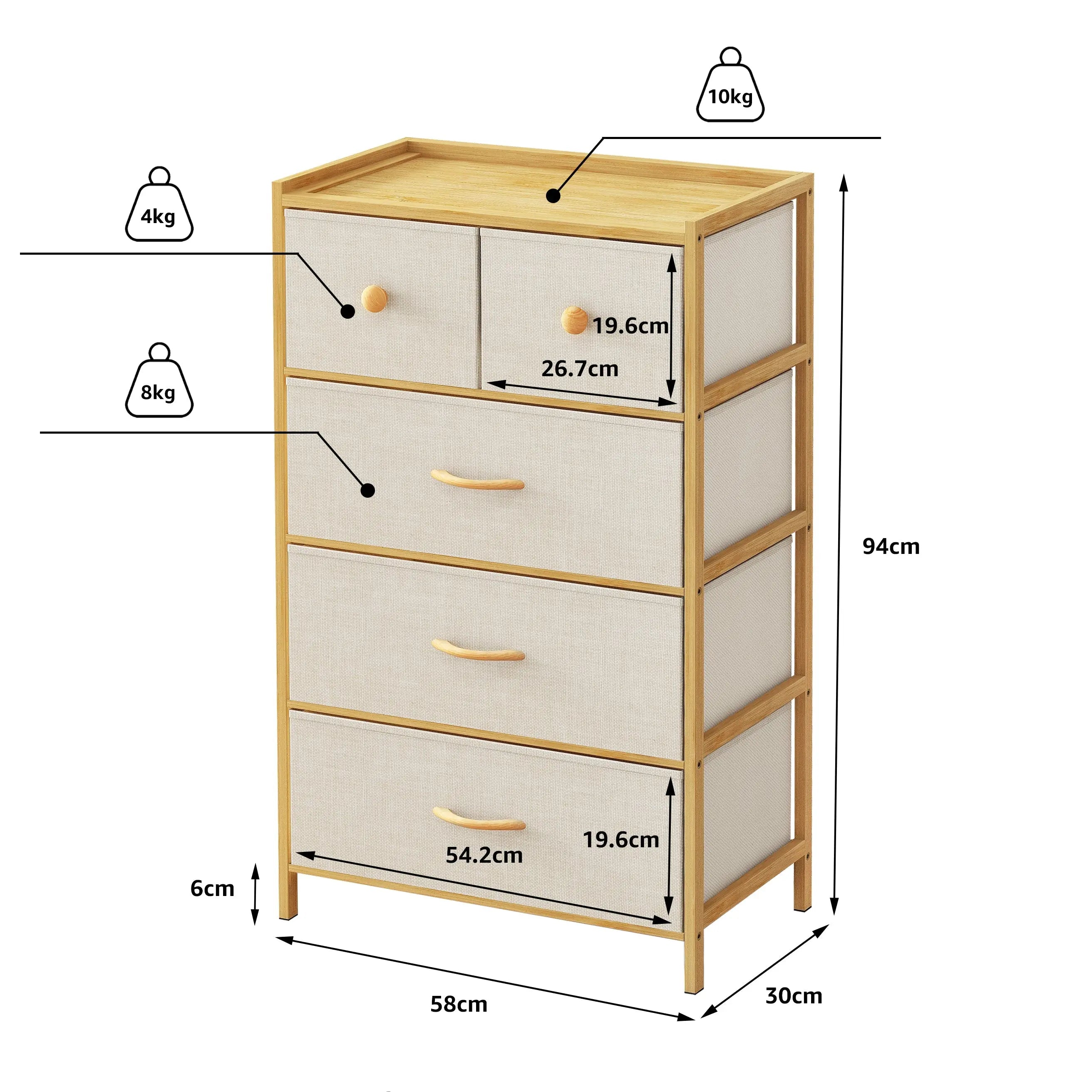 Cómoda bambú de cajones almacenamiento para hogar y oficina, organizador cajonera de estructura bambú y cajones de tela lino poliéster y tela no tejida MU:4LIFE