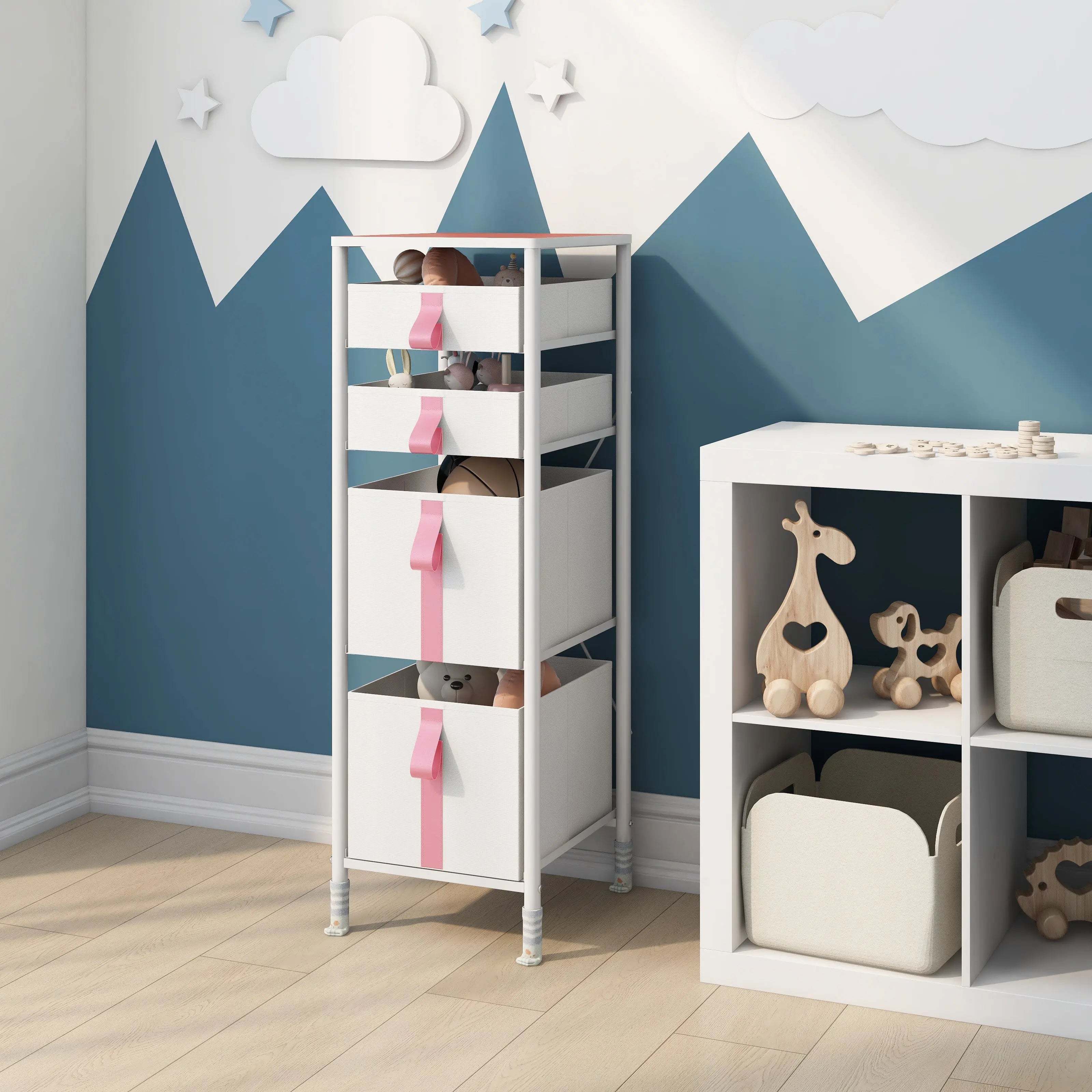 Cómoda vertical organizador de 4 cajones para juguetes de niños, almacenamiento de ropa, juguetes, estructura metal y cajones de tela lino poliéster y tela no tejida MU:4LIFE