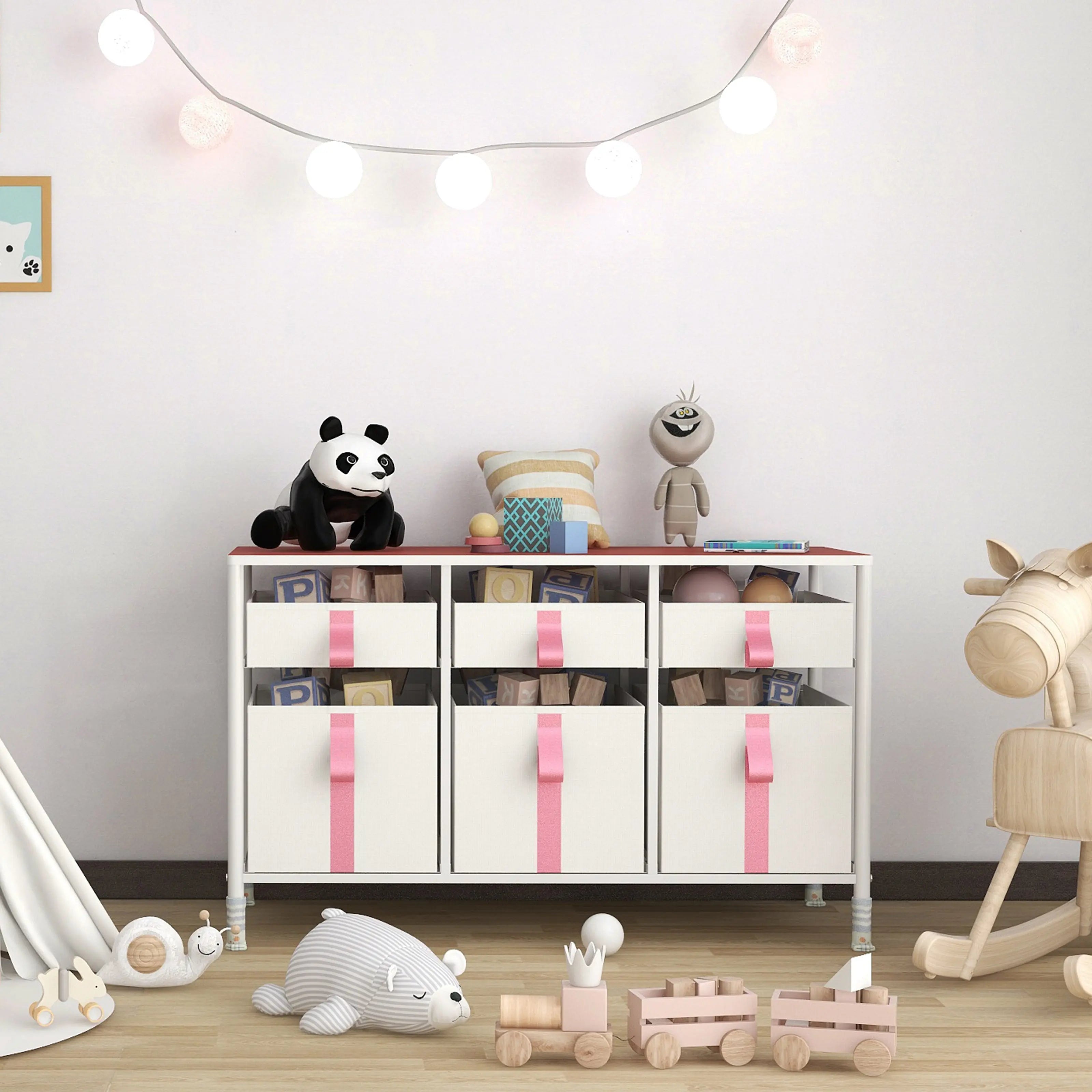 Cómoda organizador de 6 cajones para juguetes de niños, almacenamiento de ropa, juguetes, estructura metal y cajones de tela lino poliéster y tela no tejida MU:4LIFE