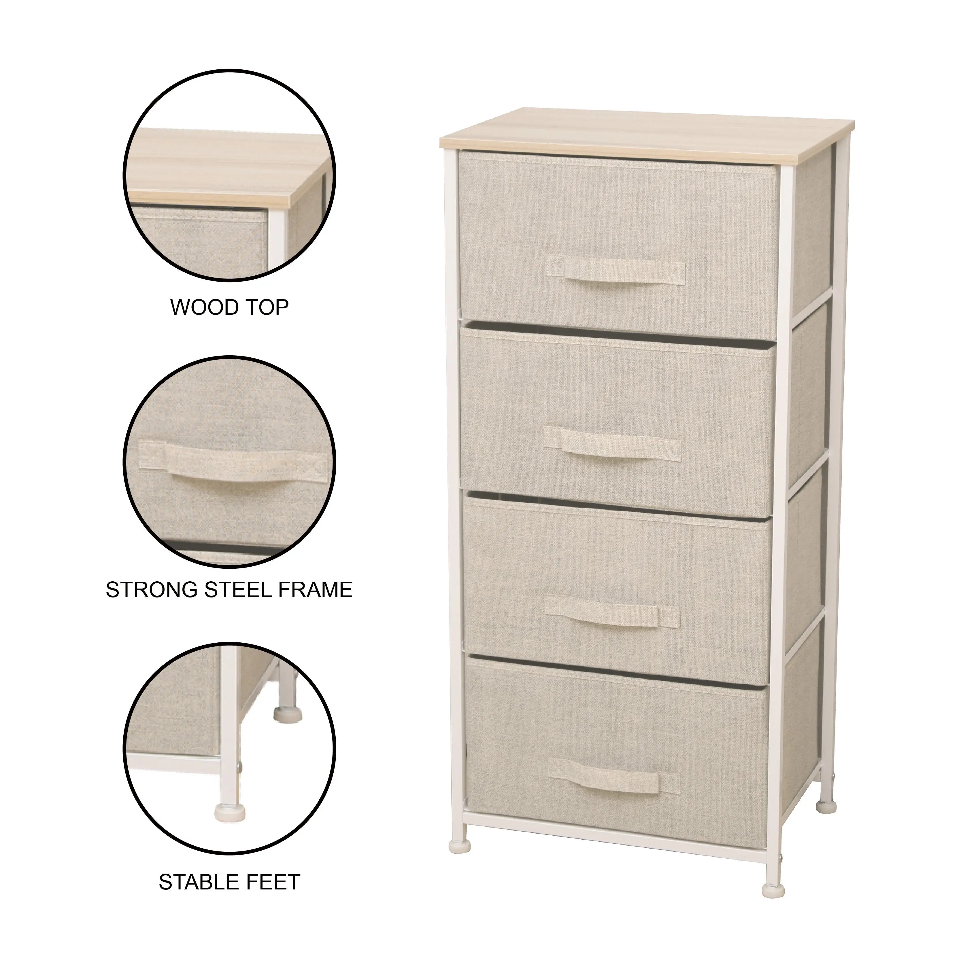 Cómoda de 4 cajones almacenamiento para hogar y oficina, organizador cajonera de estructura metal y cajones tela no tejida MU:4LIFE