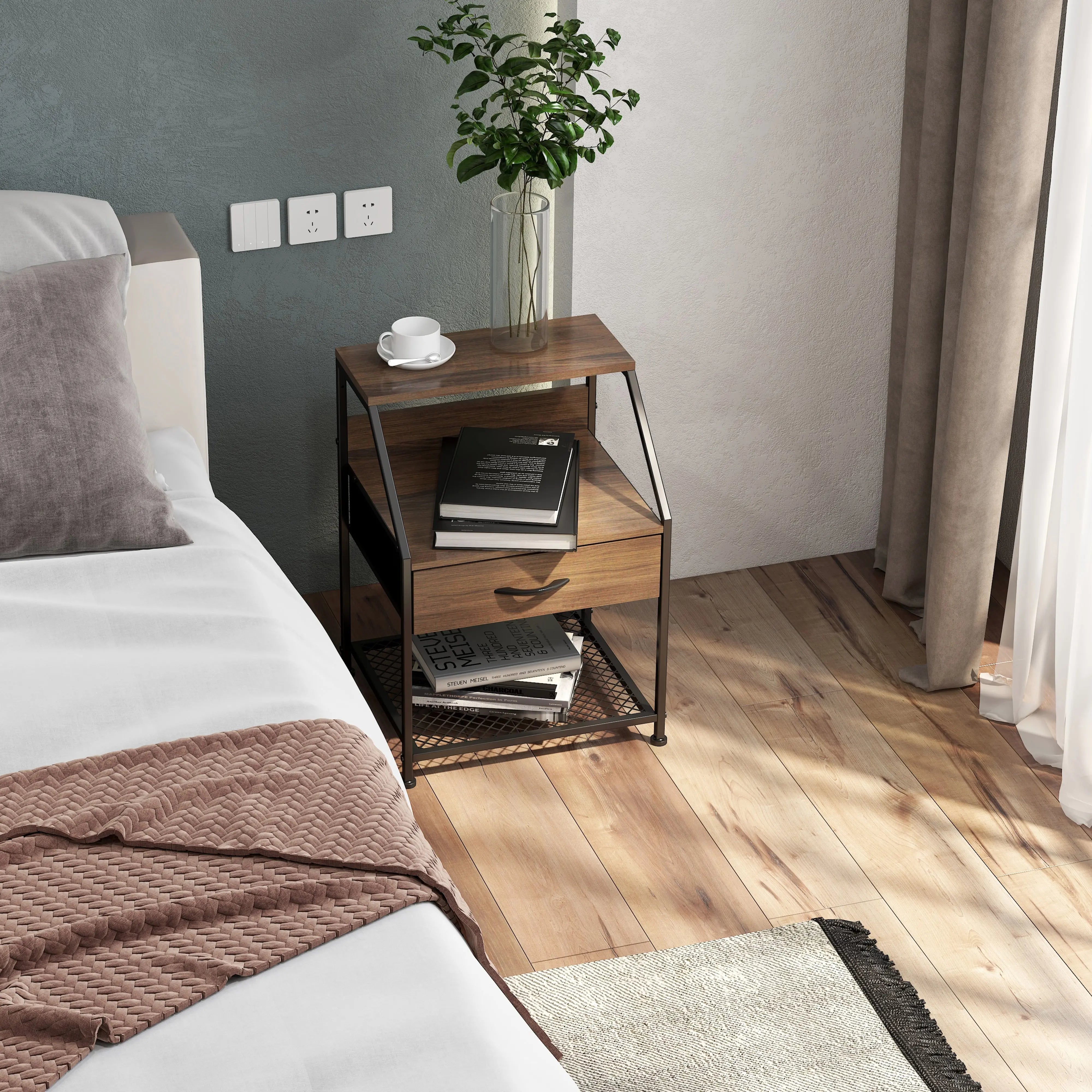 Buró con cajón y balda, organizador cajonera de estructura metal y cajones de tela no tejida y tabla MDF MU:4LIFE