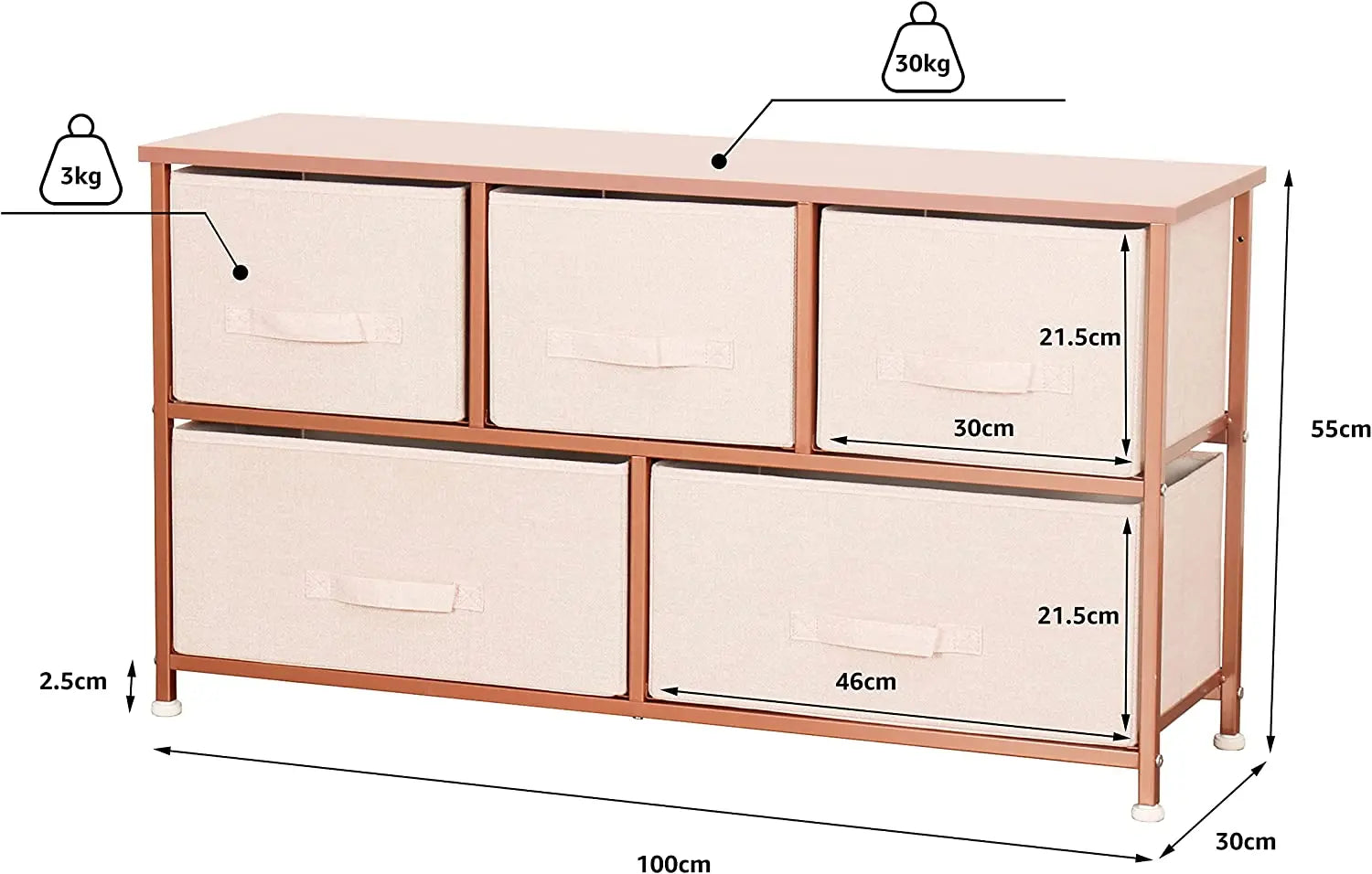 Cómoda baja de 5 cajones almacenamiento para hogar y oficina, organizador cajonera de estructura metal y cajones de tela no tejida MU:4LIFE