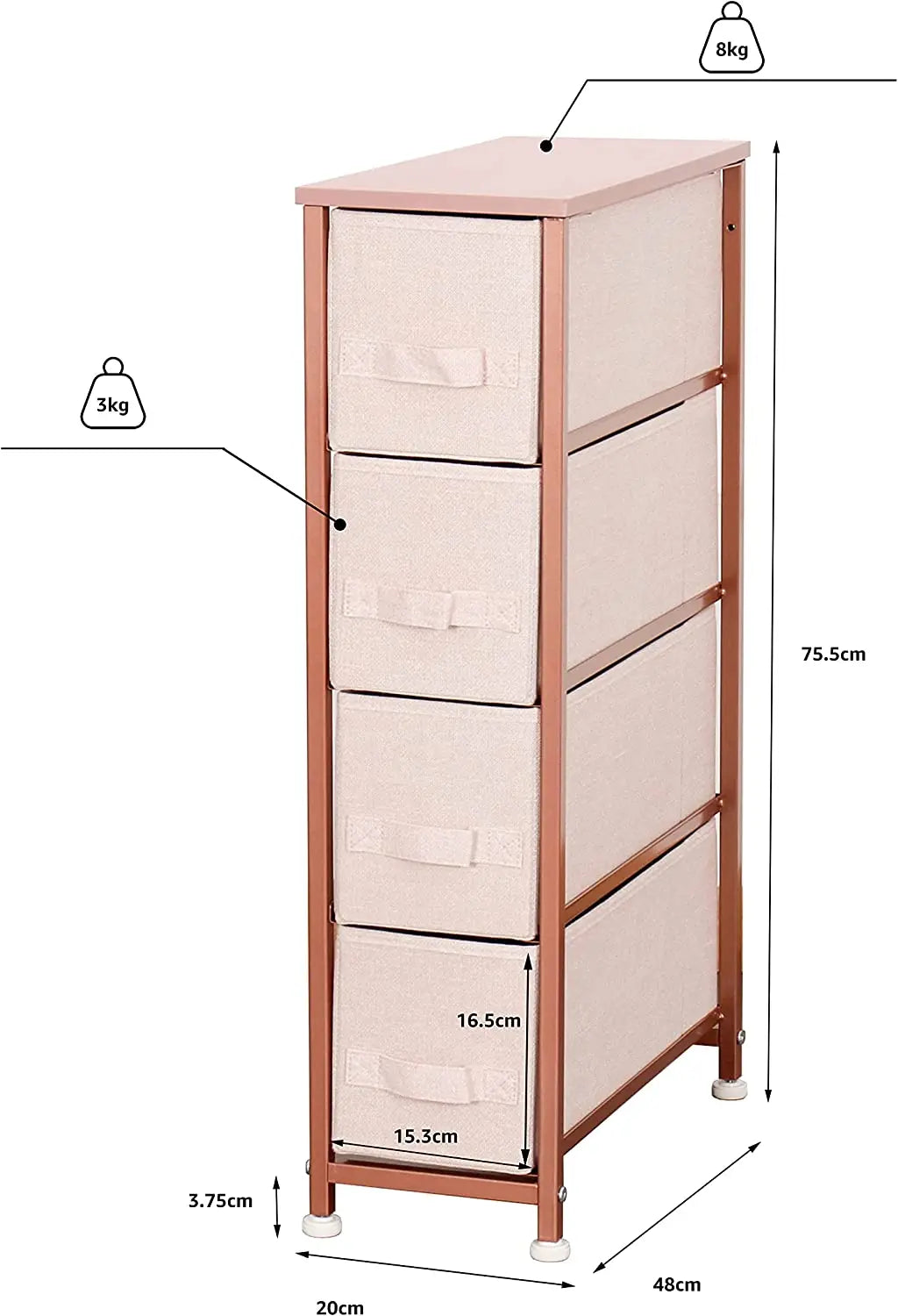 Cómoda estrecha de 4 cajones almacenamiento para hogar y oficina, organizador cajonera de estructura metal y cajones tela no tejida MU:4LIFE