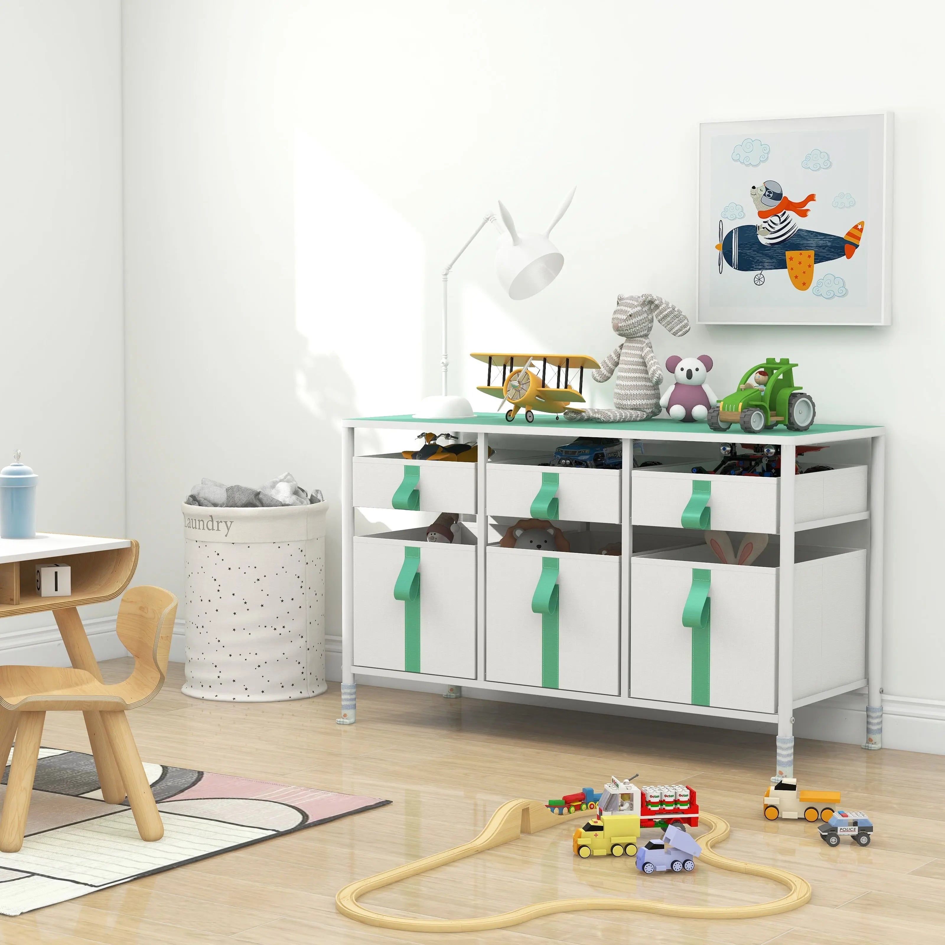 Cómoda organizador de 6 cajones para juguetes de niños, almacenamiento de ropa, juguetes, estructura metal y cajones de tela lino poliéster y tela no tejida MU:4LIFE