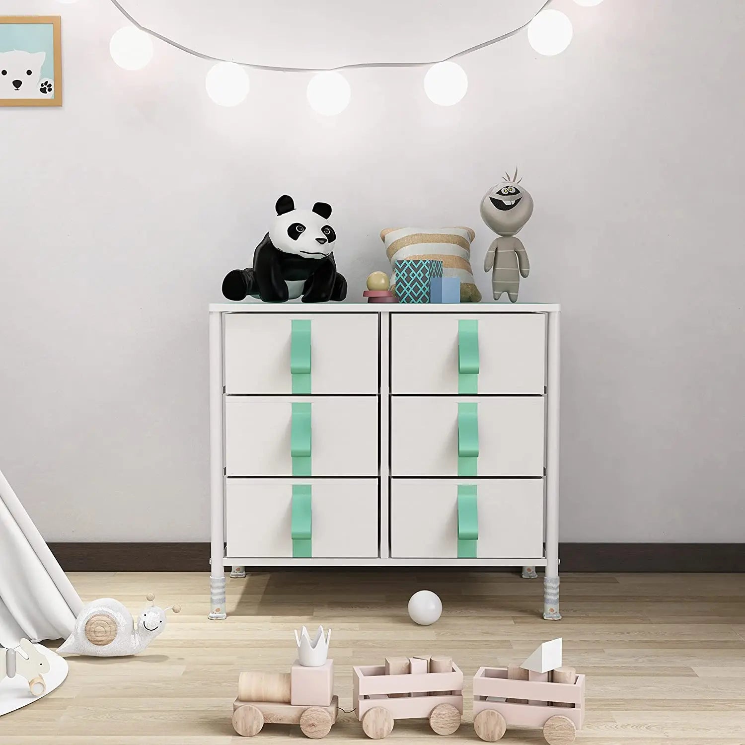 Cómoda de 6 cajones para niños, almacenamiento de ropa y juguetes, organizador cajonera de estructura metal y cajones de tela lino poliéster y tela no tejida MU:4LIFE