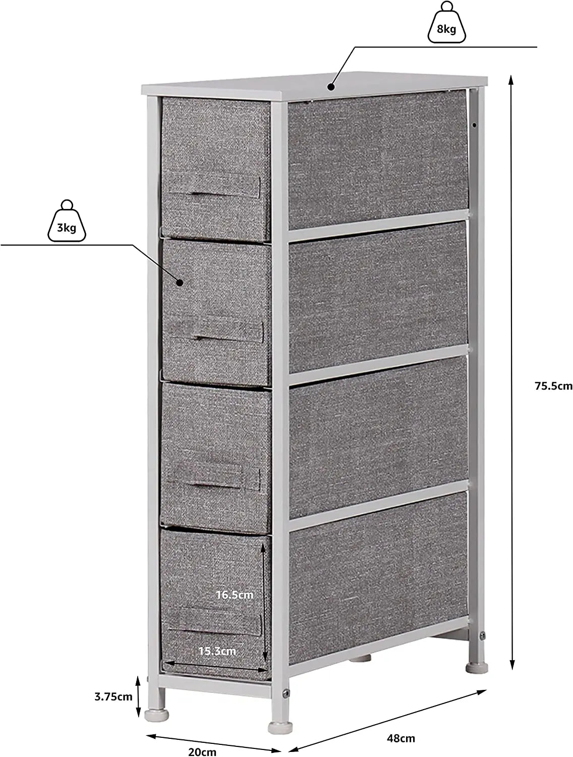 Cómoda estrecha de 4 cajones almacenamiento para hogar y oficina, organizador cajonera de estructura metal y cajones tela no tejida MU:4LIFE