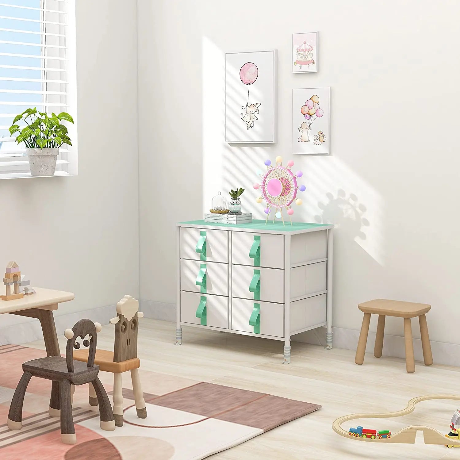 Cómoda de 6 cajones para niños, almacenamiento de ropa y juguetes, organizador cajonera de estructura metal y cajones de tela lino poliéster y tela no tejida MU:4LIFE