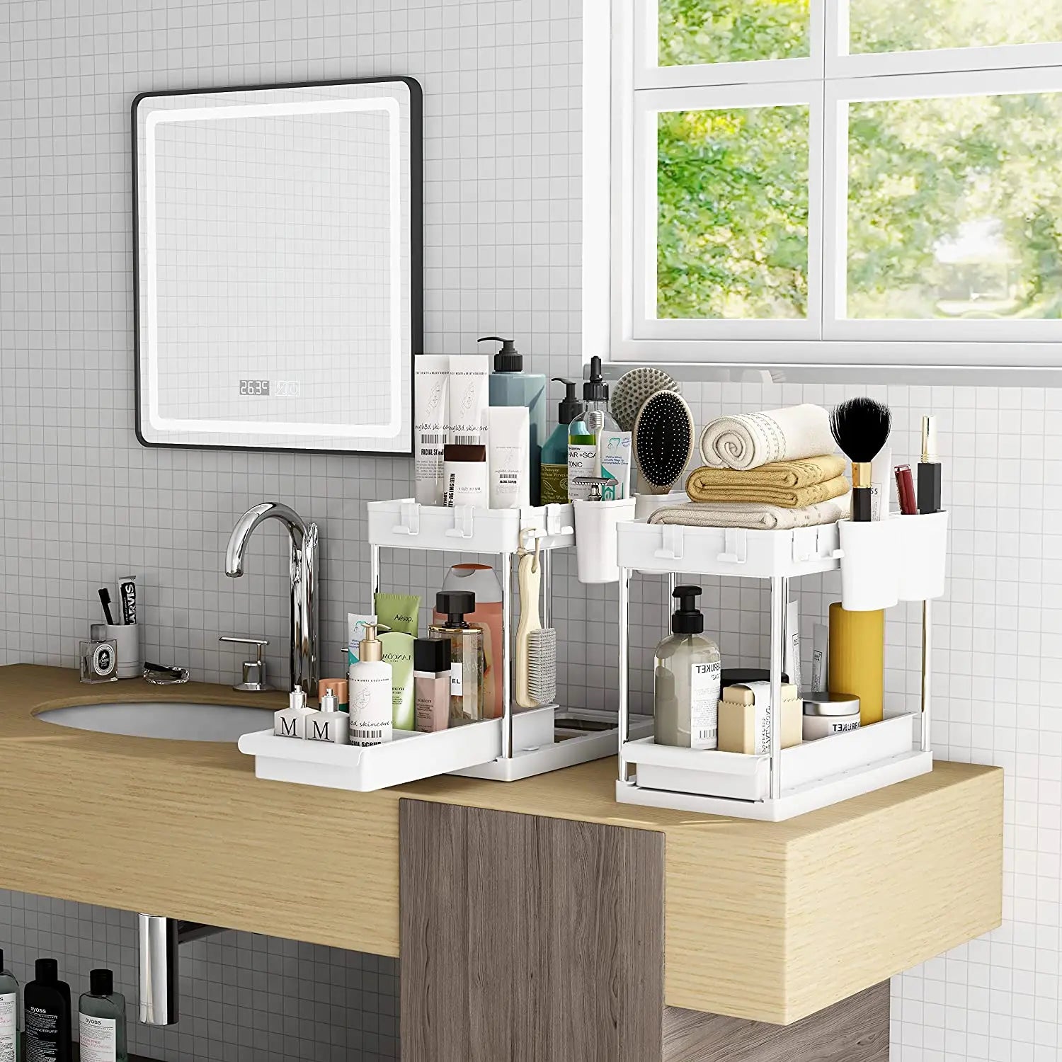 Set de 2 organizadores estantes deslizante y con tazas colgantes, Organizador para debajo del fregadero y lavabo, almacenamiento para cocina baño sala y oficina MU:4LIFE