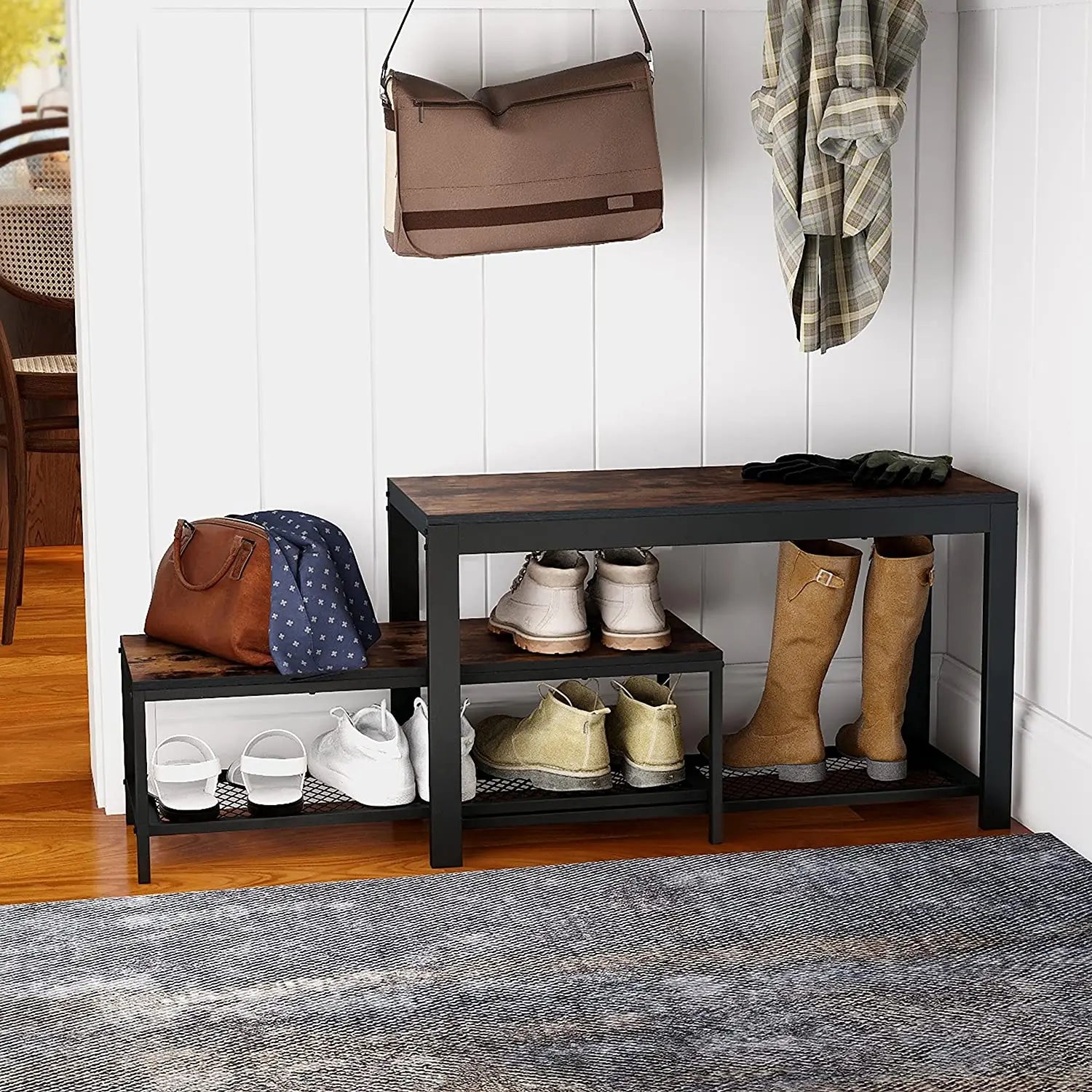 Set de 2 bancas zapateras metálica y tabla MDF, estilo 2 en 1 para entrada MU:4LIFE