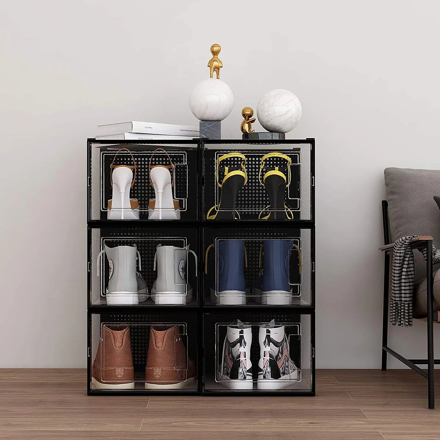 Organizador para zapatos, puerta transparente y lateral translúcido, apilables y multifuncional para hogar (6 piezas) MU:4LIFE