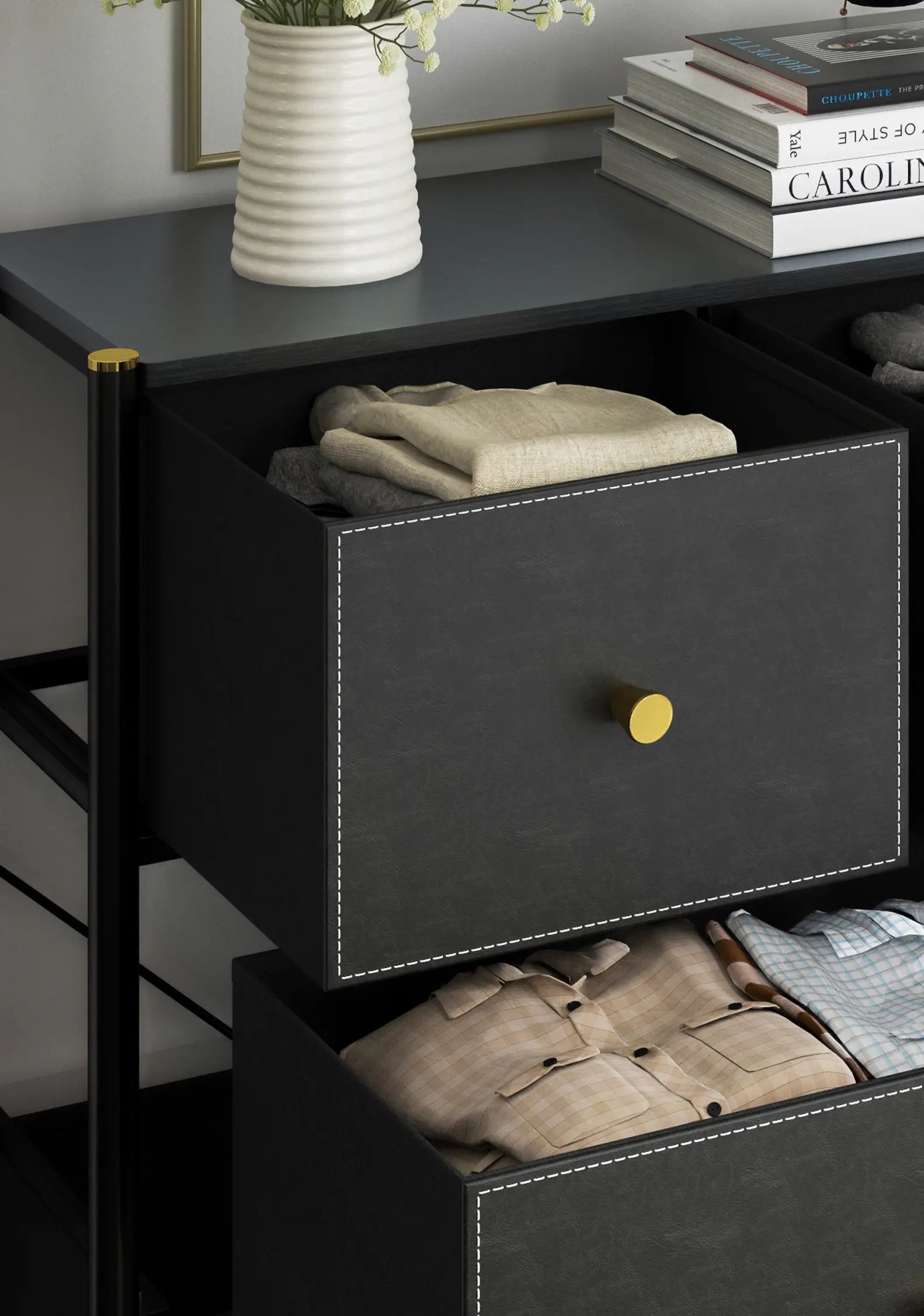 Buró de 2 Cajones para Recámara y Sala, Cómoda con Estructura de Metal, Tabla de MDF y Cajones de Tela No Tejida con Cubiertas de Cuero PU MU:4LIFE