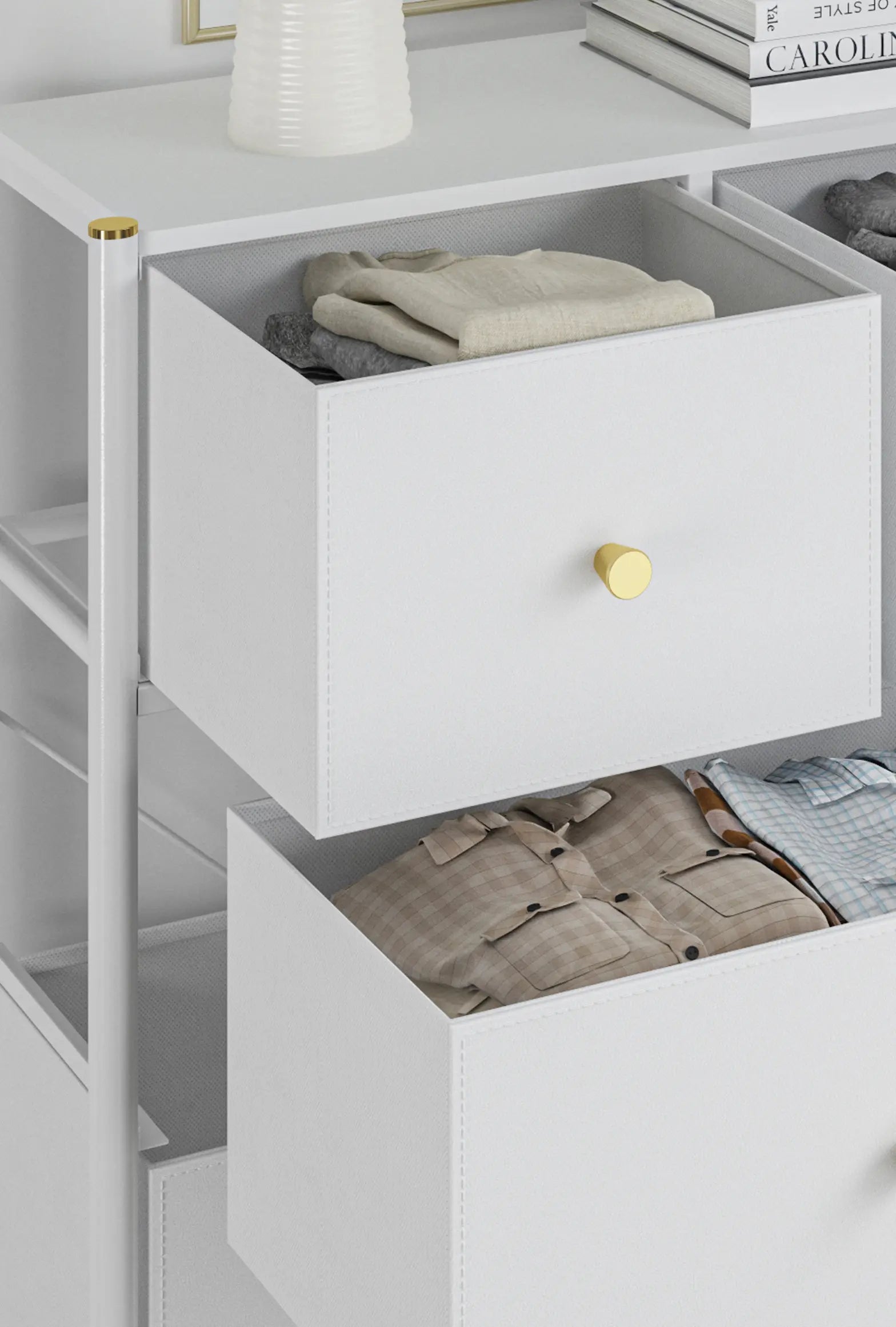 Buró de 2 Cajones para Recámara y Sala, Cómoda con Estructura de Metal, Tabla de MDF y Cajones de Tela No Tejida con Cubiertas de Cuero PU MU:4LIFE