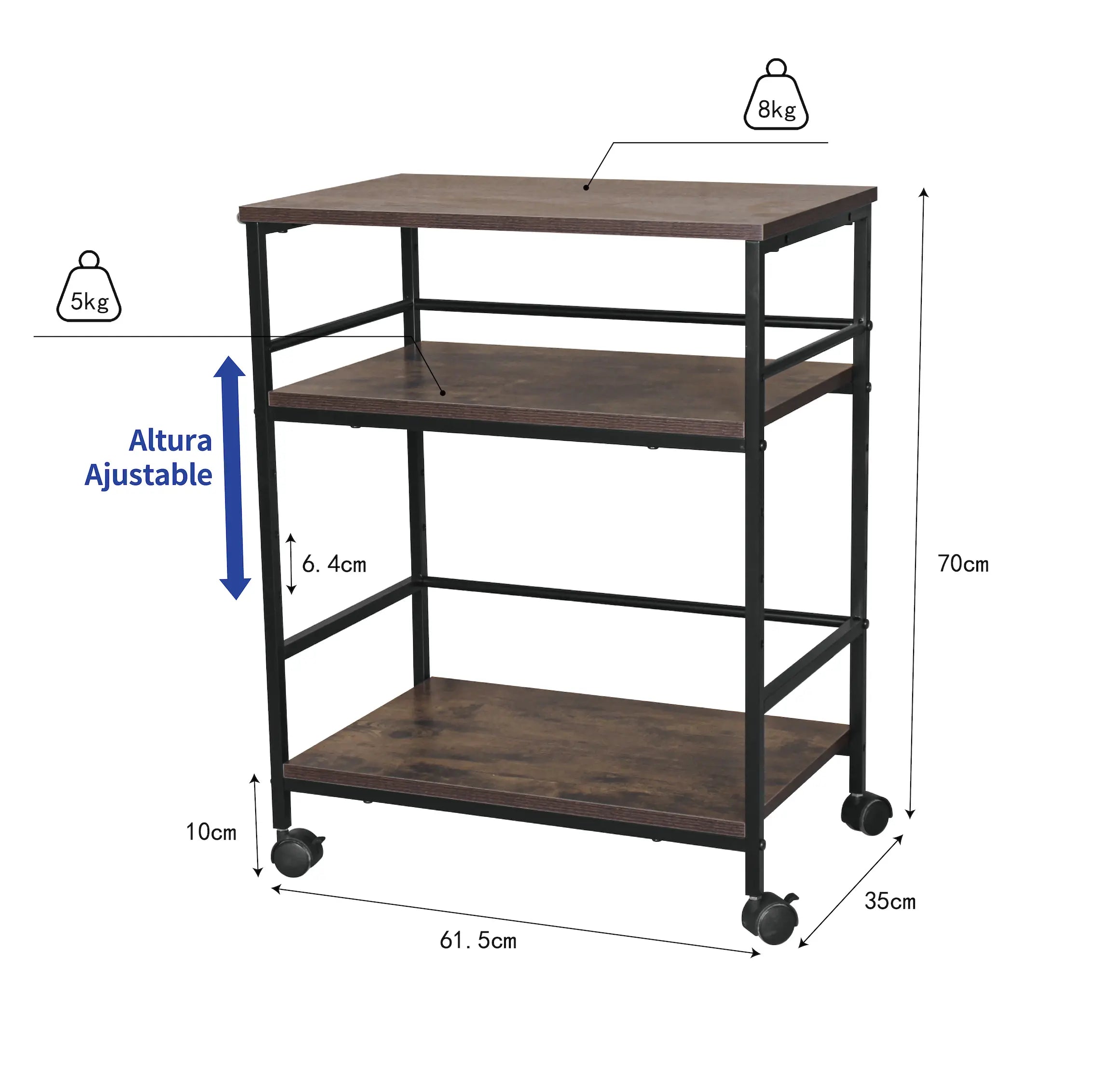Carrito de servicio de 3 niveles con ruedas, asa y con estante de ajuste de altura para hogar y oficina MU:4LIFE