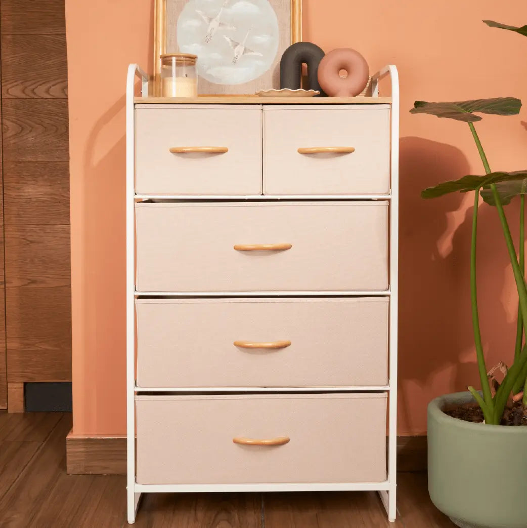 Cómoda de 5 cajones almacenamiento para hogar y oficina, organizador cajonera de estructura metal y cajones de tela lino poliéster y tela No Tejida MU:4LIFE