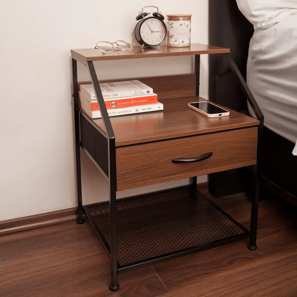 Buró con cajón y balda, organizador cajonera de estructura metal y cajones de tela no tejida y tabla MDF MU:4LIFE