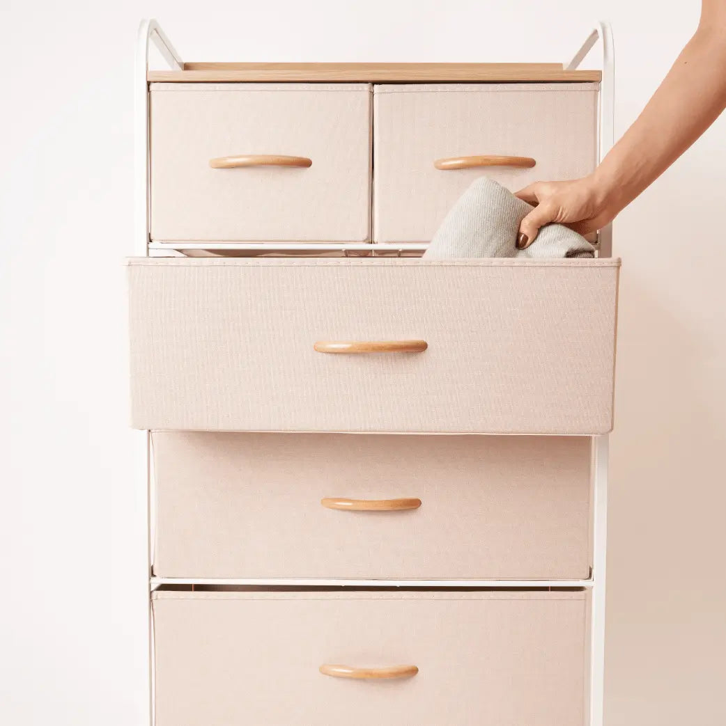 Cómoda de 5 cajones almacenamiento para hogar y oficina, organizador cajonera de estructura metal y cajones de tela lino poliéster y tela No Tejida MU:4LIFE