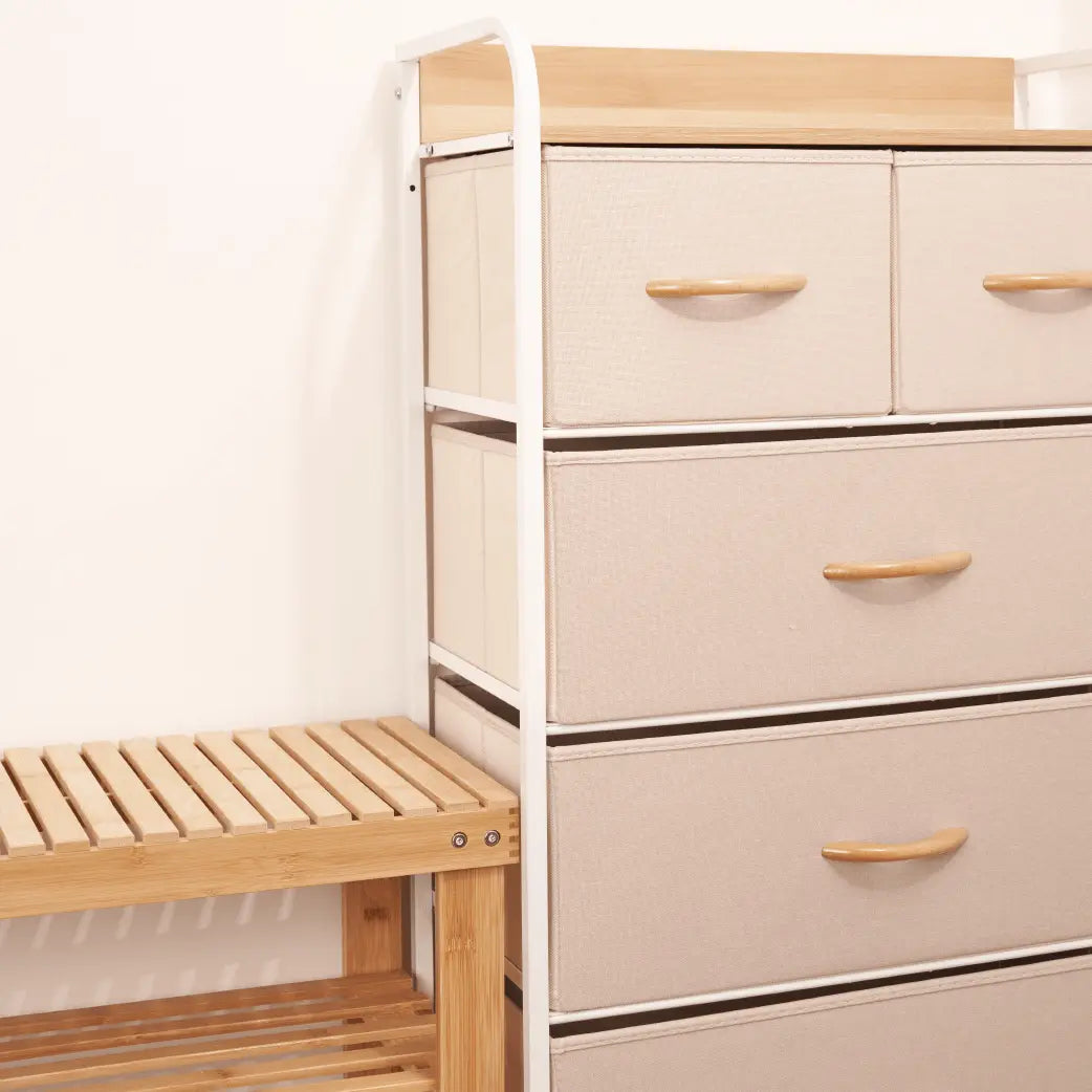 Cómoda de 5 cajones almacenamiento para hogar y oficina, organizador cajonera de estructura metal y cajones de tela lino poliéster y tela No Tejida MU:4LIFE