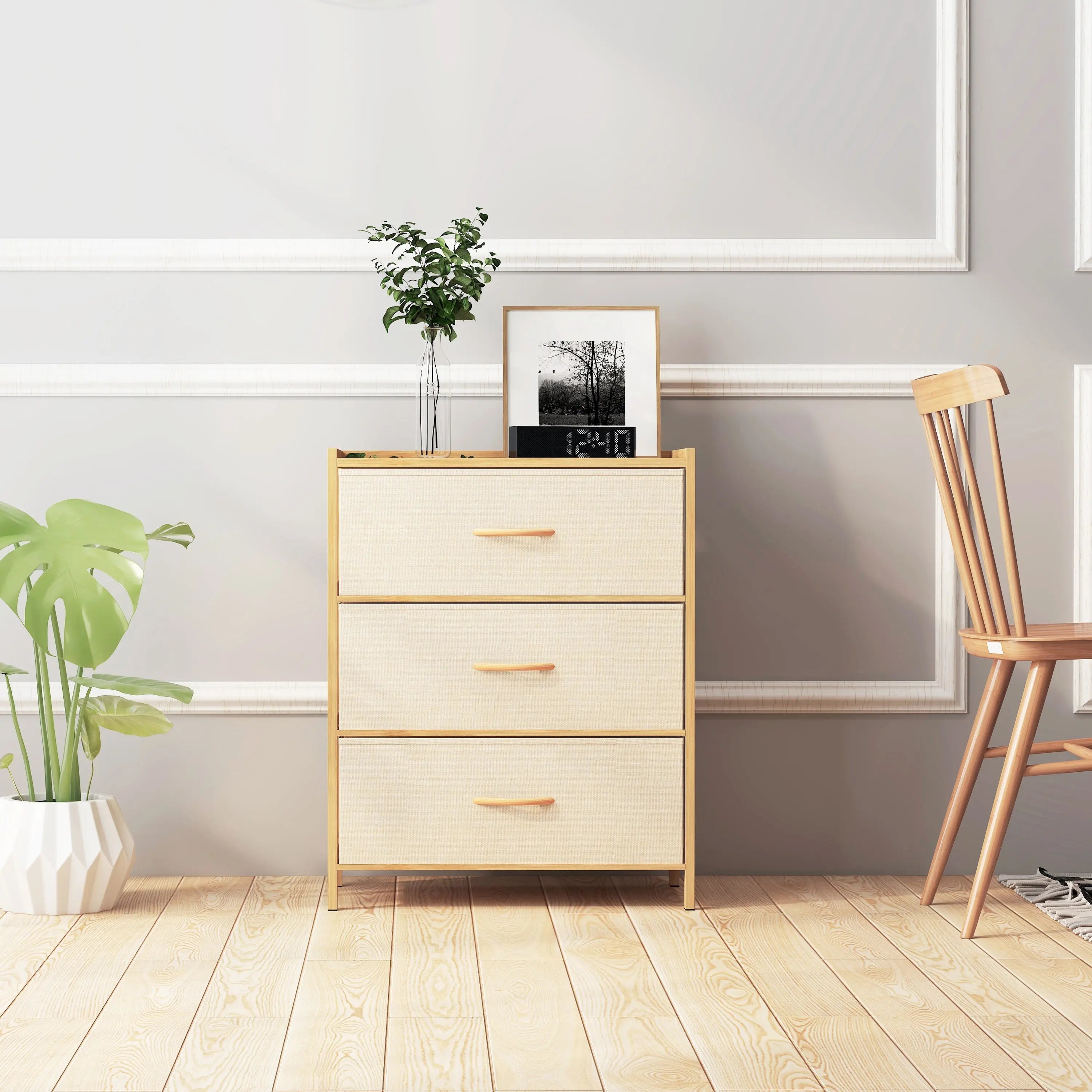 Cómoda bambú de cajones almacenamiento para hogar y oficina, organizador cajonera de estructura bambú y cajones de tela lino poliéster y tela no tejida MU:4LIFE