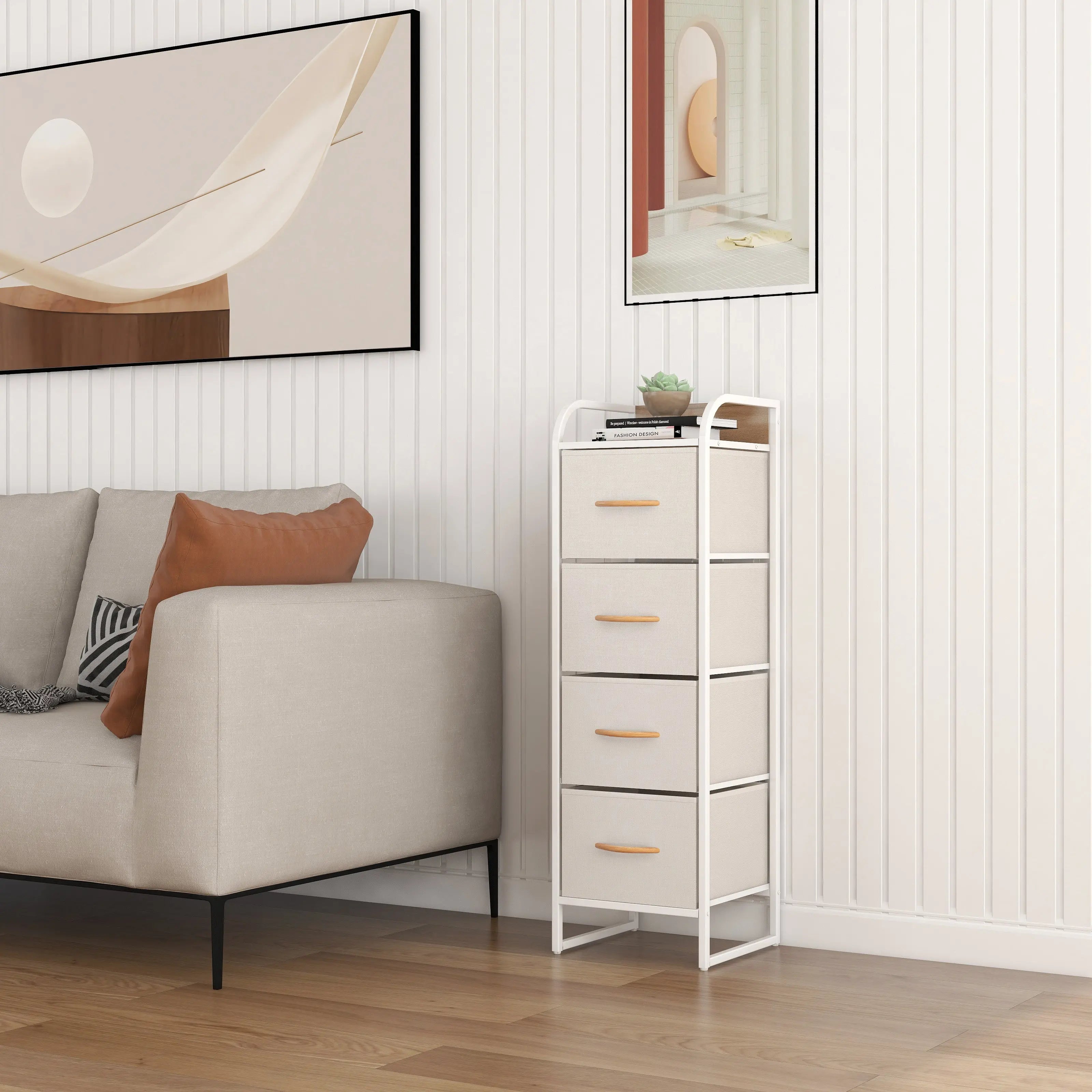 Cómoda compacta de 4 cajones almacenamiento para hogar y oficina, organizador cajonera de estructura metal y cajones de tela lino poliéster y tela no tejida MU:4LIFE