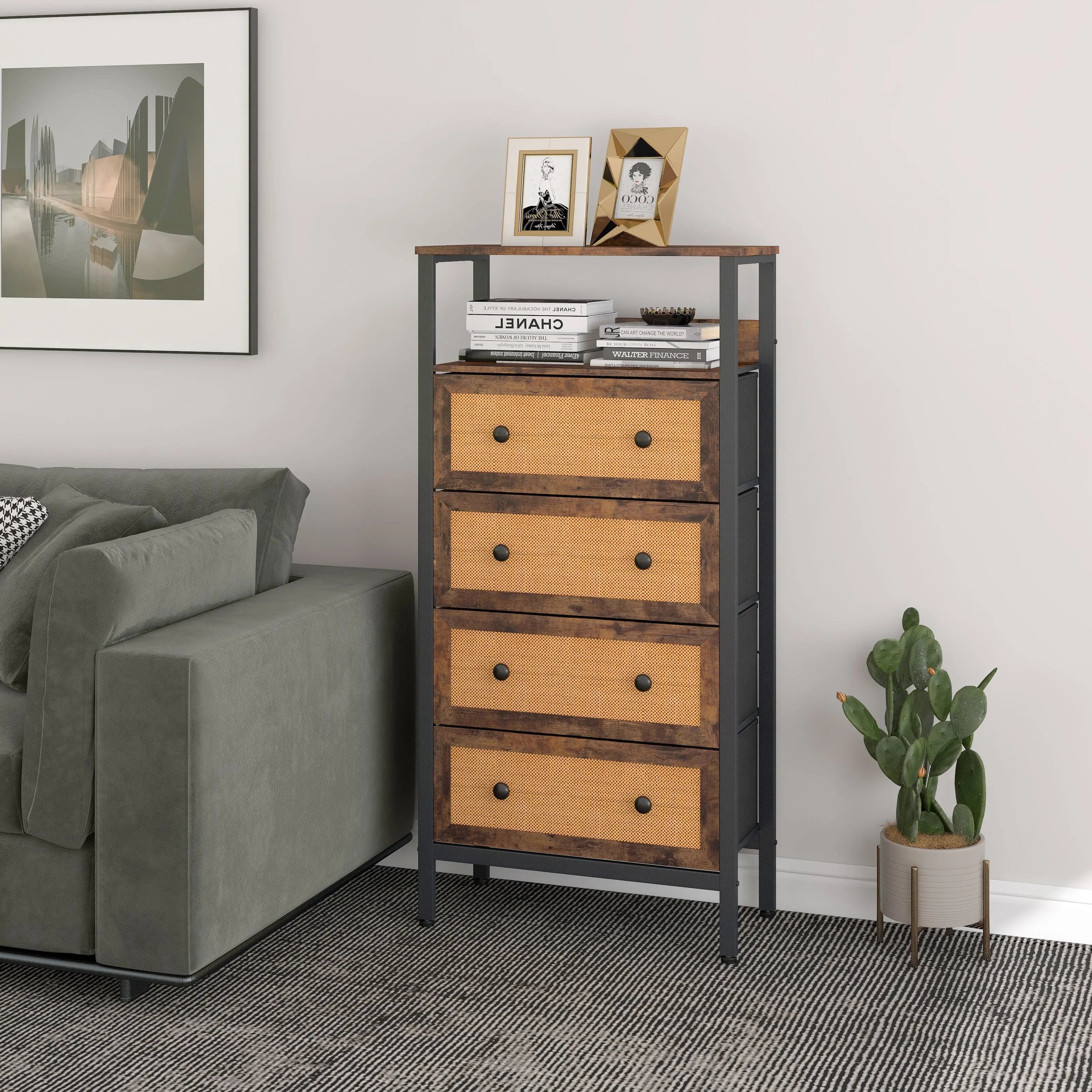 Cómoda vintage De 4 cajones con balda almacenamiento para hogar y oficina, organizador cajonera de estructura metal y cajones de tela no tejida y ratán MU:4LIFE