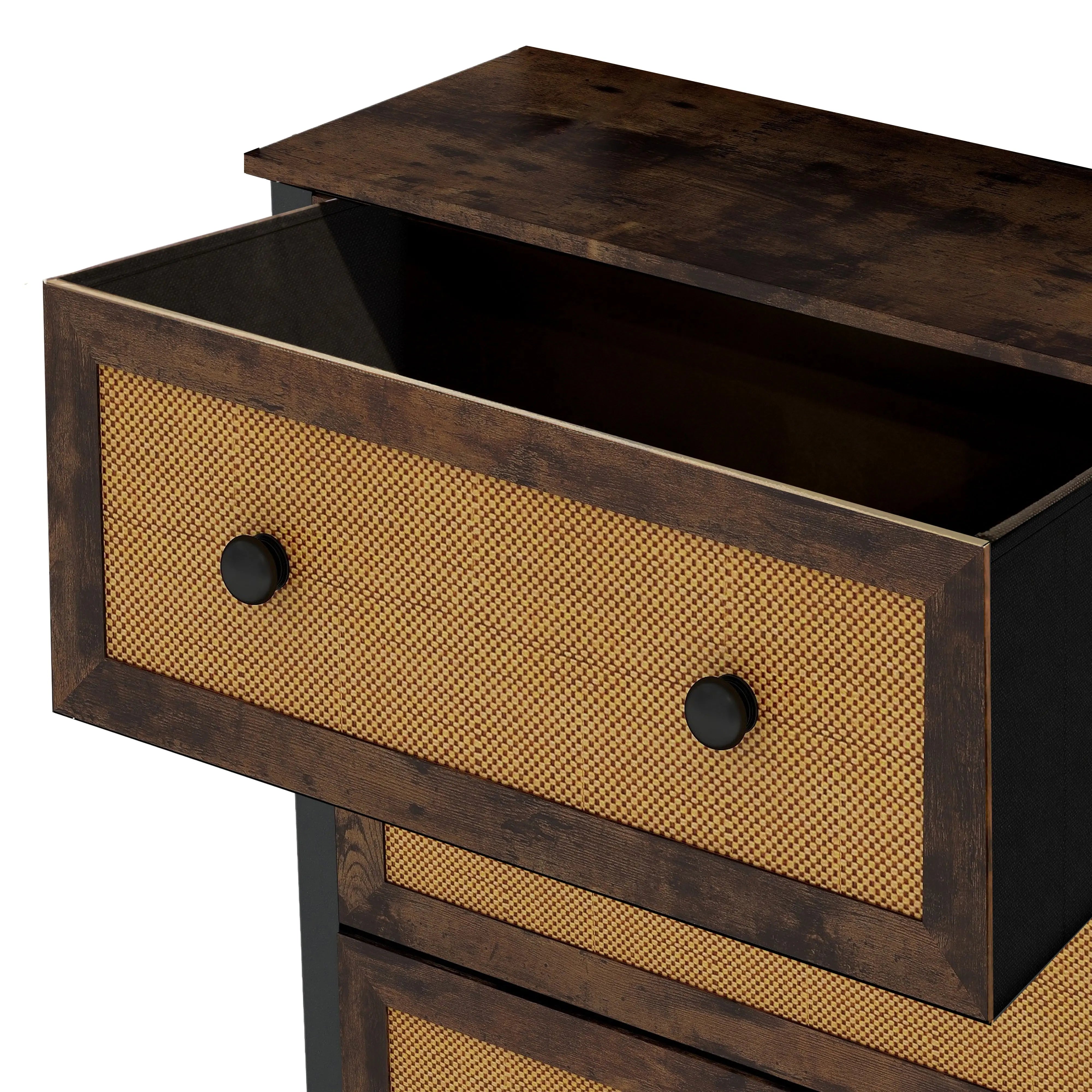 Cómoda vintage de 4 cajones almacenamiento para hogar y oficina, organizador cajonera de estructura metal y cajones de tela no tejida y ratán MU:4LIFE