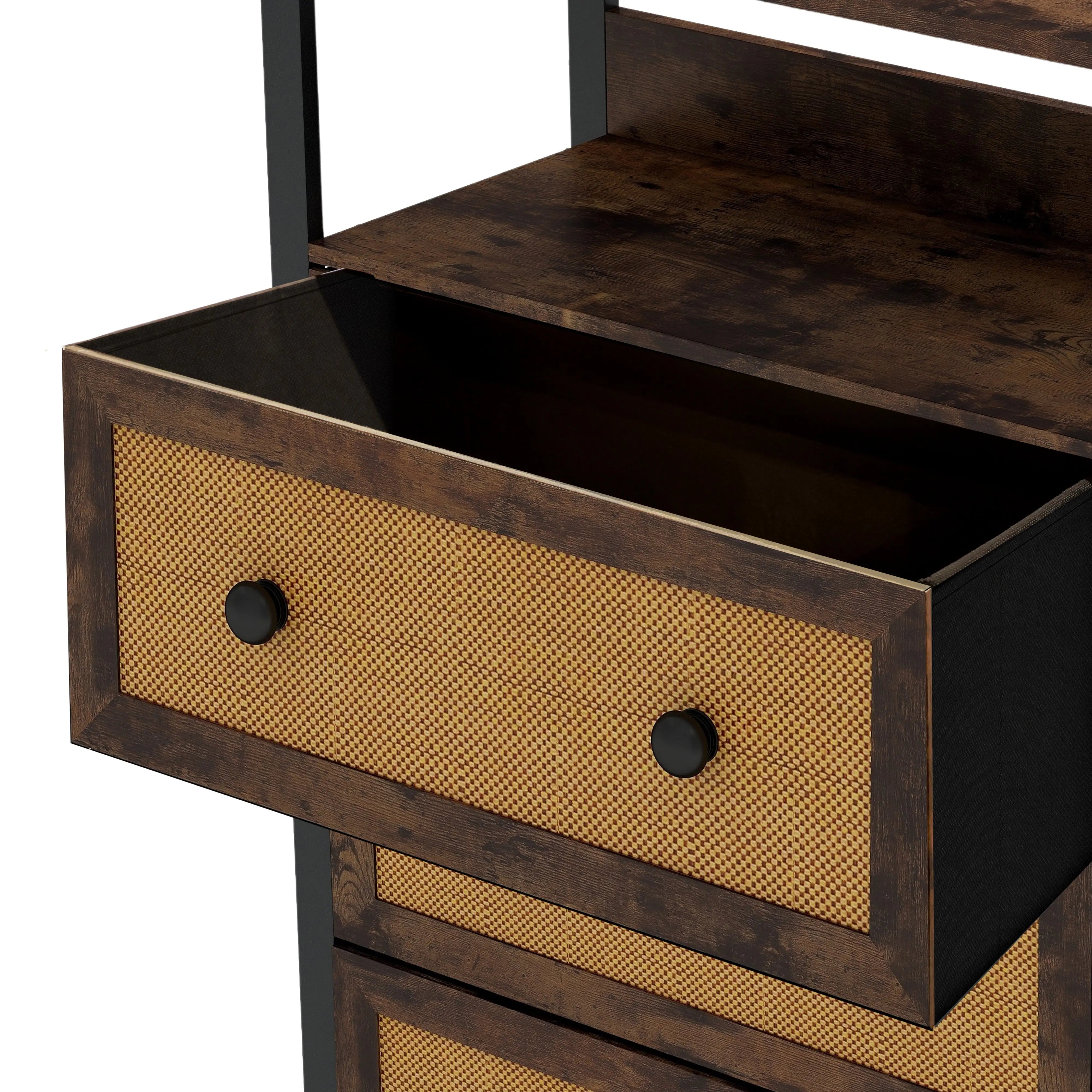 Cómoda vintage De 4 cajones con balda almacenamiento para hogar y oficina, organizador cajonera de estructura metal y cajones de tela no tejida y ratán MU:4LIFE