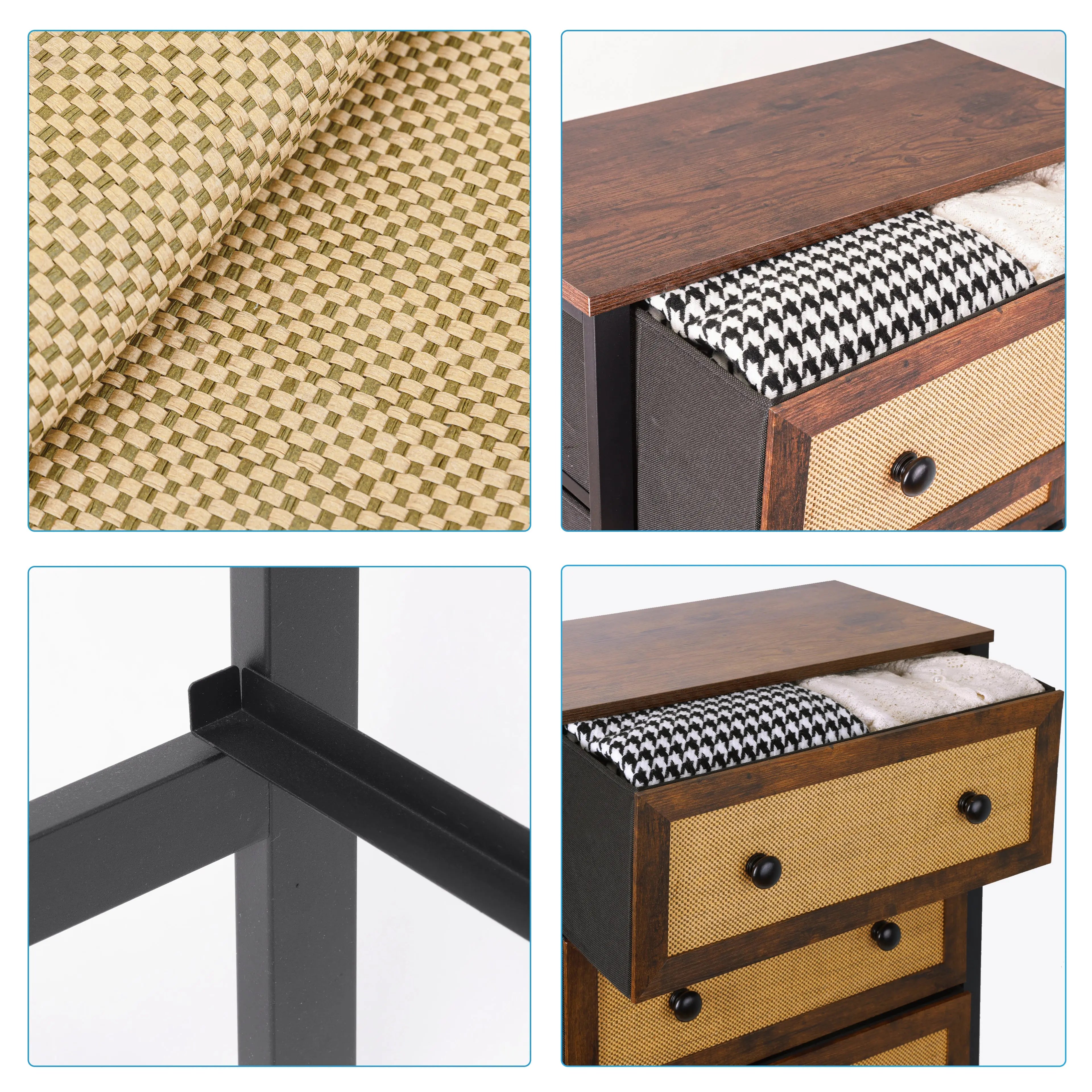 Cómoda vintage de 4 cajones almacenamiento para hogar y oficina, organizador cajonera de estructura metal y cajones de tela no tejida y ratán MU:4LIFE