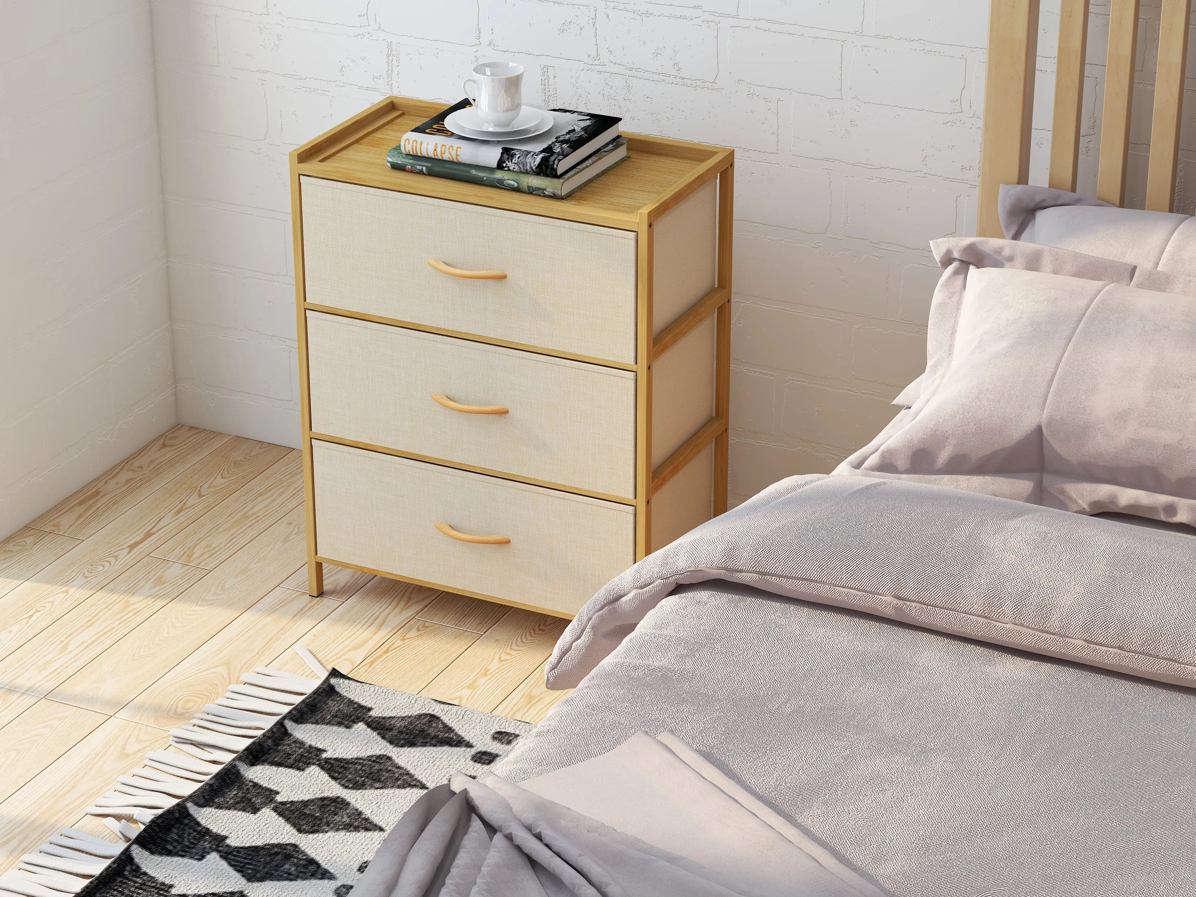 Cómoda bambú de cajones almacenamiento para hogar y oficina, organizador cajonera de estructura bambú y cajones de tela lino poliéster y tela no tejida MU:4LIFE